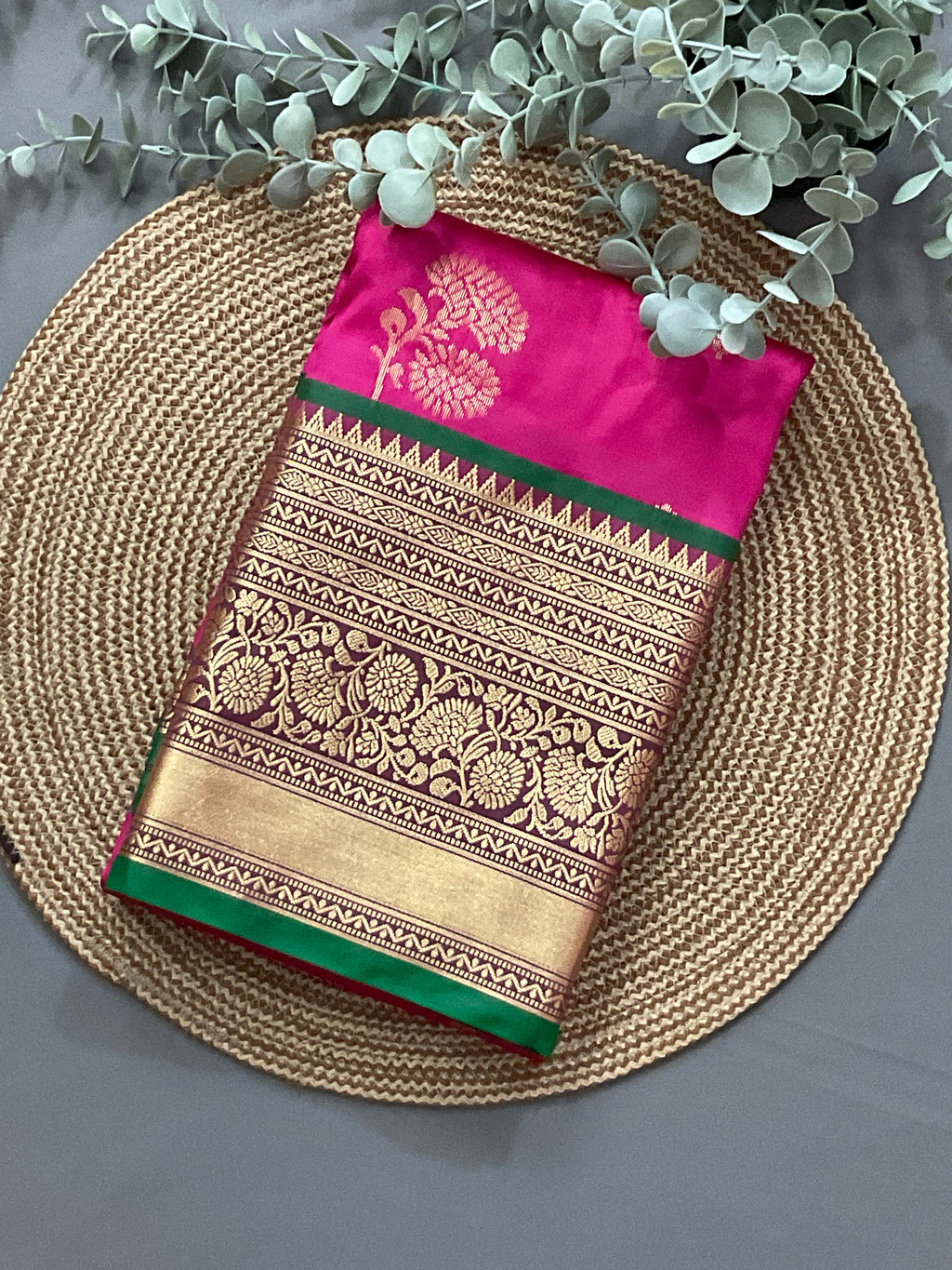 Pink Kanchipuram Tissue Silk Saree – Green Contrast Pallu & Green Heavy Border with Blouse