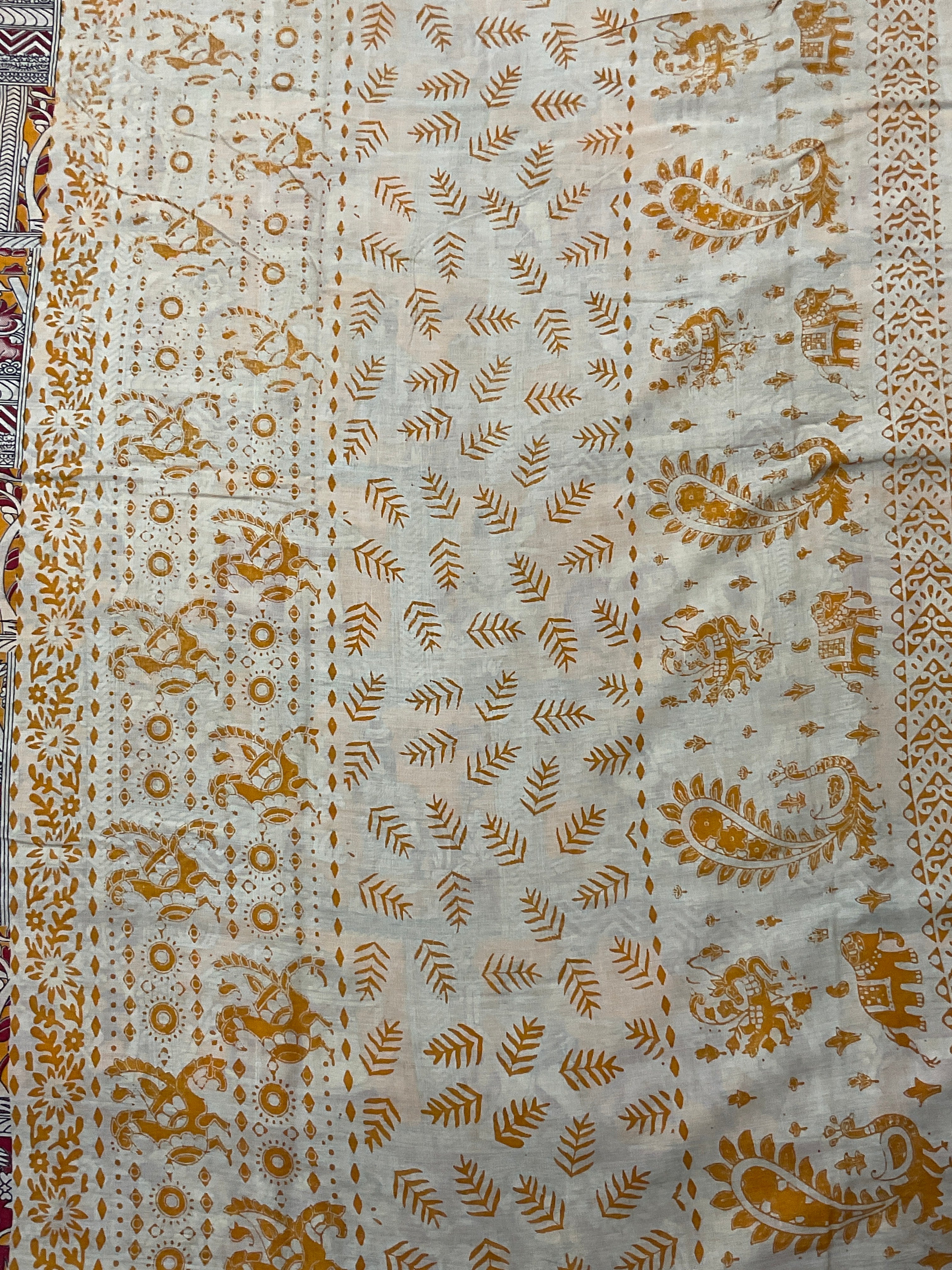 Kalamkari Hand Block Print Mul Cotton Saree – Mustard Yellow | With Blouse Piece