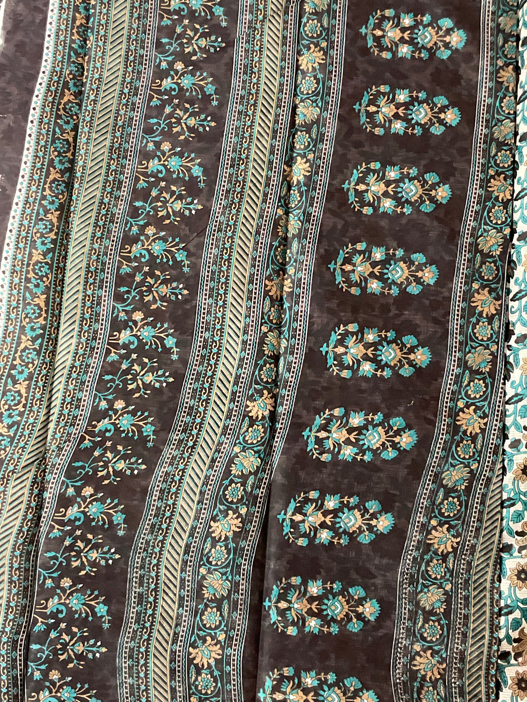 Off White & Blue Kalamkari Floral Printed Cotton Saree with Blouse