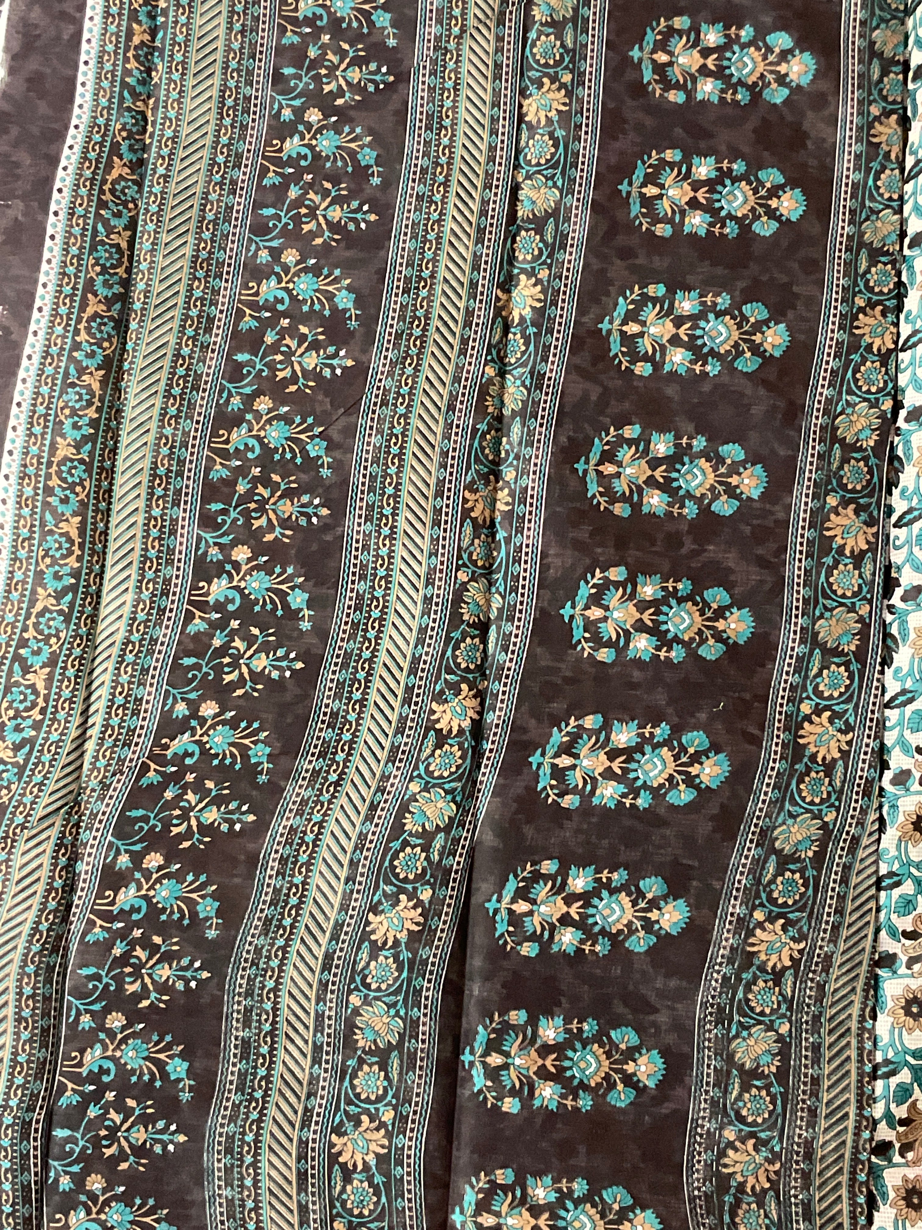Off White & Blue Kalamkari Floral Printed Cotton Saree with Blouse
