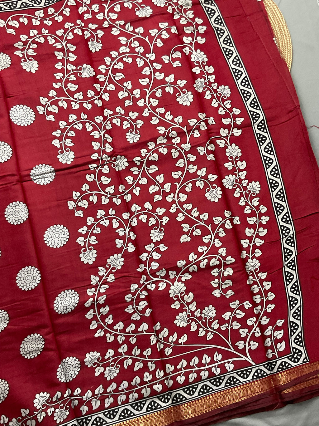 Kalamkari Printed Soft Silk Saree in Red with Designer Pallu and Gold Border