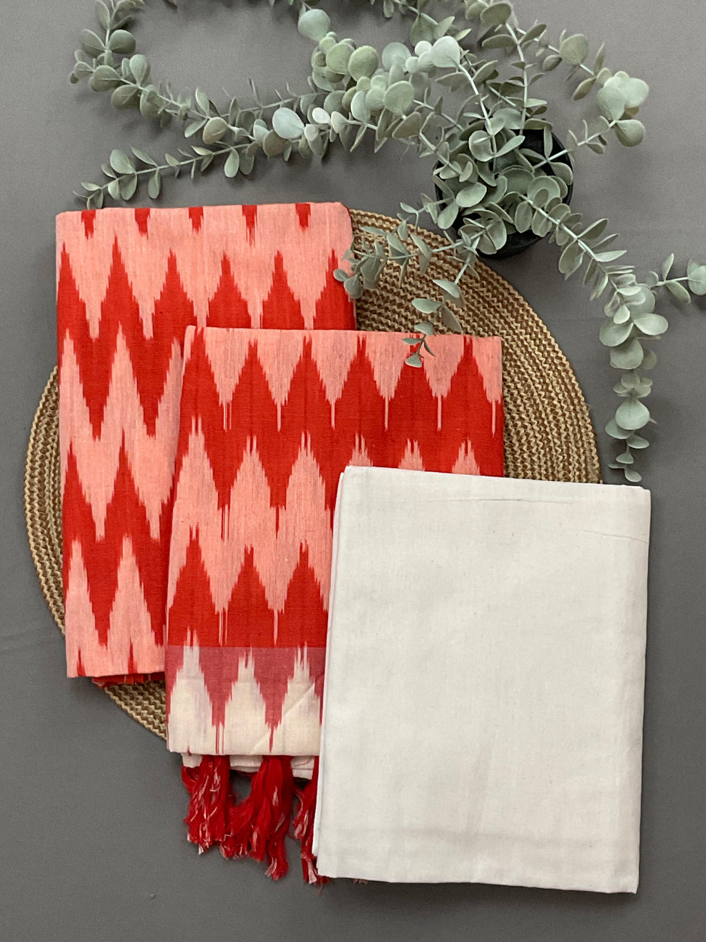Orange and white Pochampally ikat handloom cotton dress material - full unstitched 3 piece set