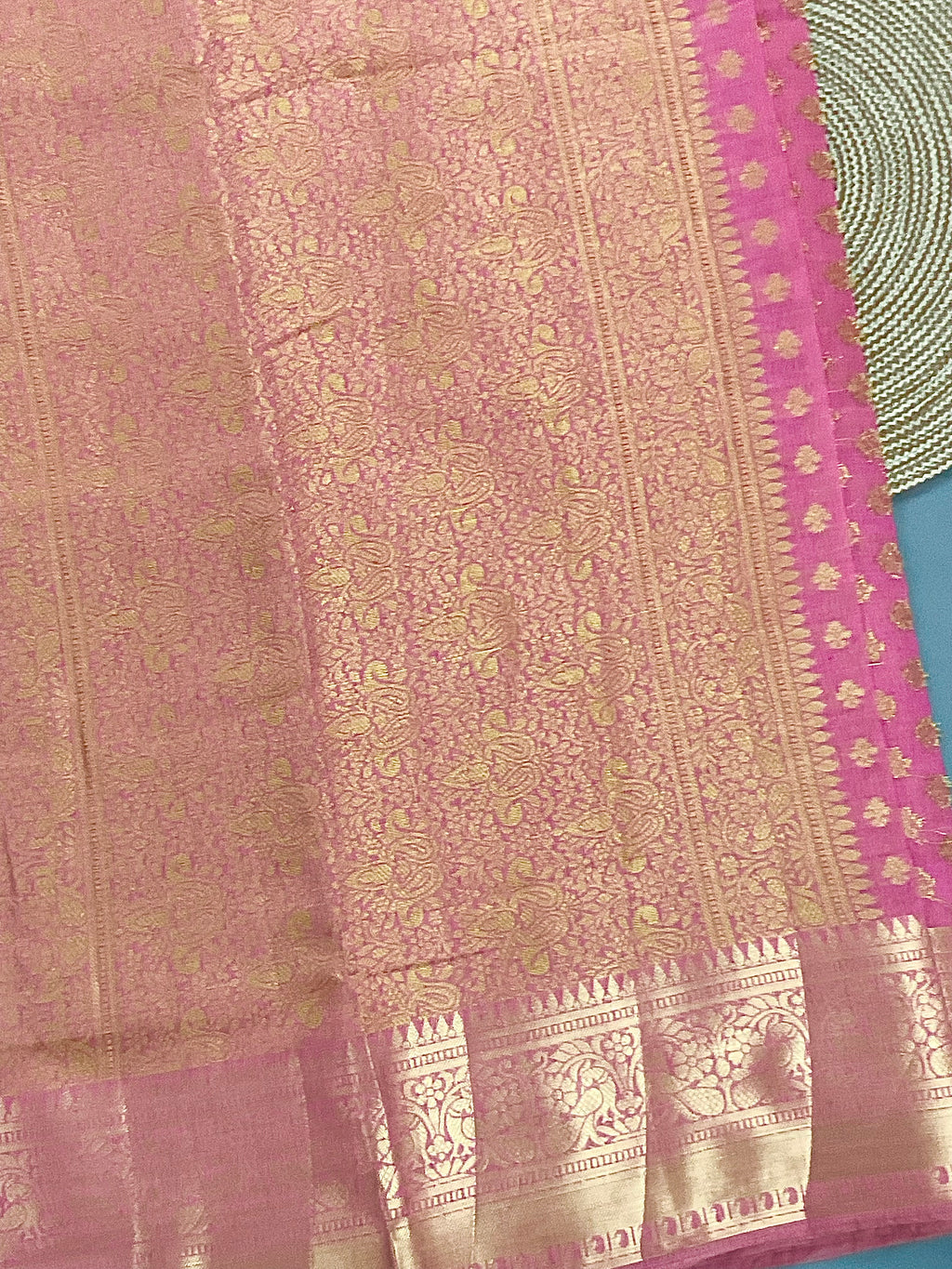 Hot pink handloom cotton silk saree with zari butti