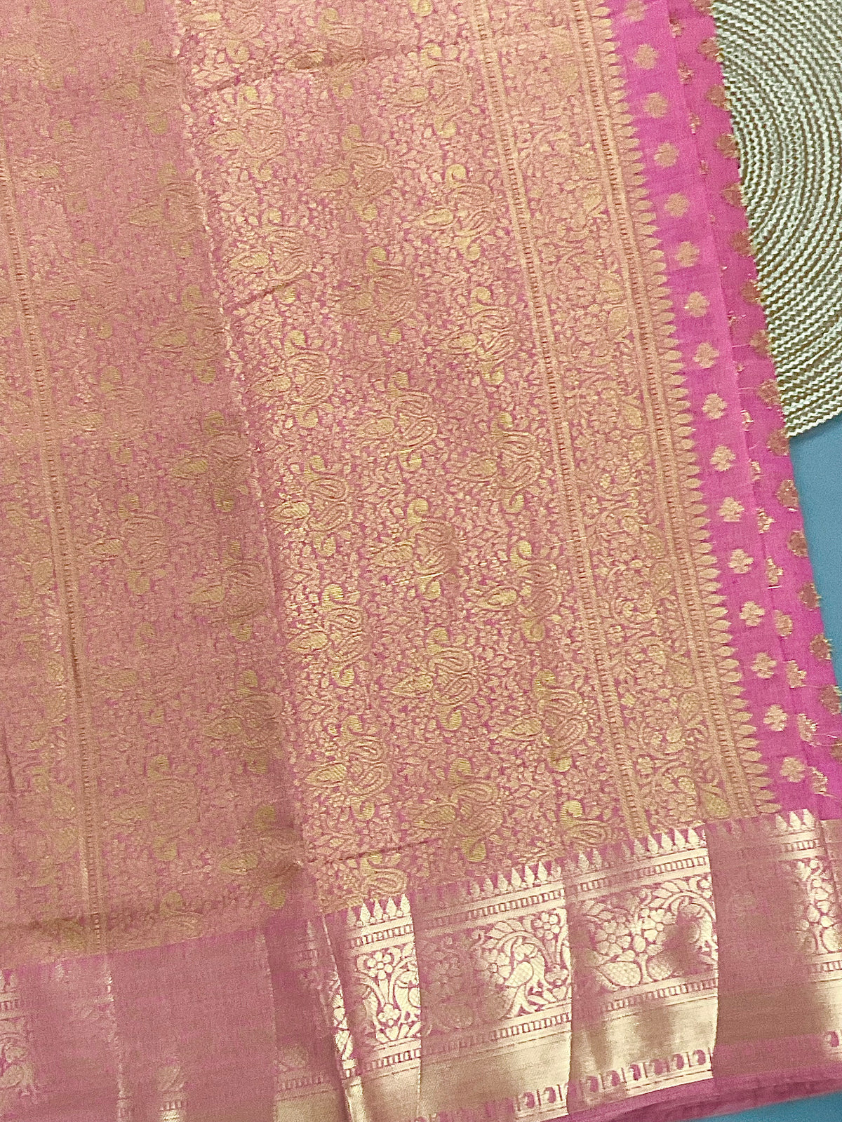 Hot pink handloom cotton silk saree with zari butti