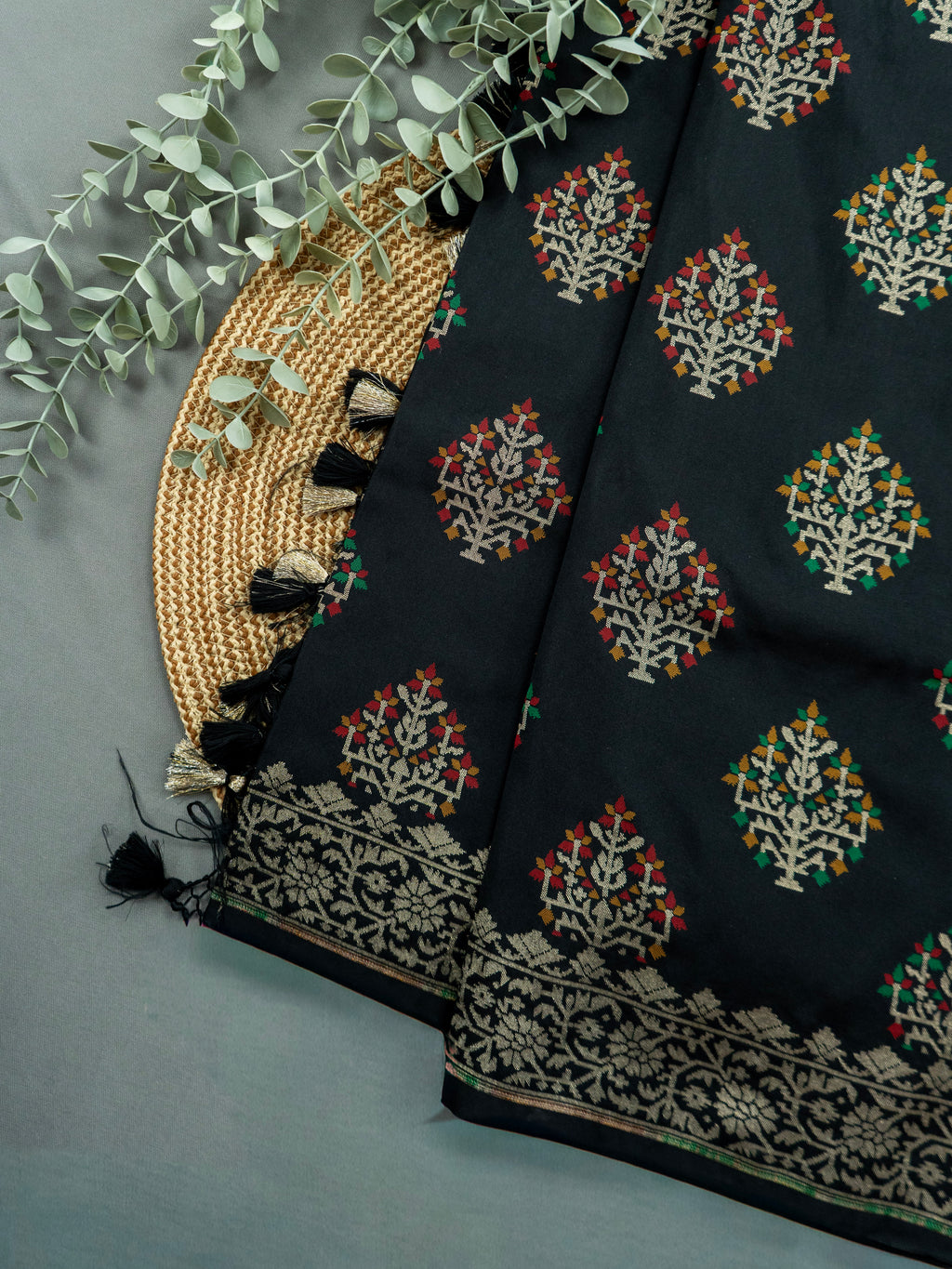Pure Banarasi Katan Silk Saree in Bold Black with Multicolor Floral Zari & Rich Zari Pallu