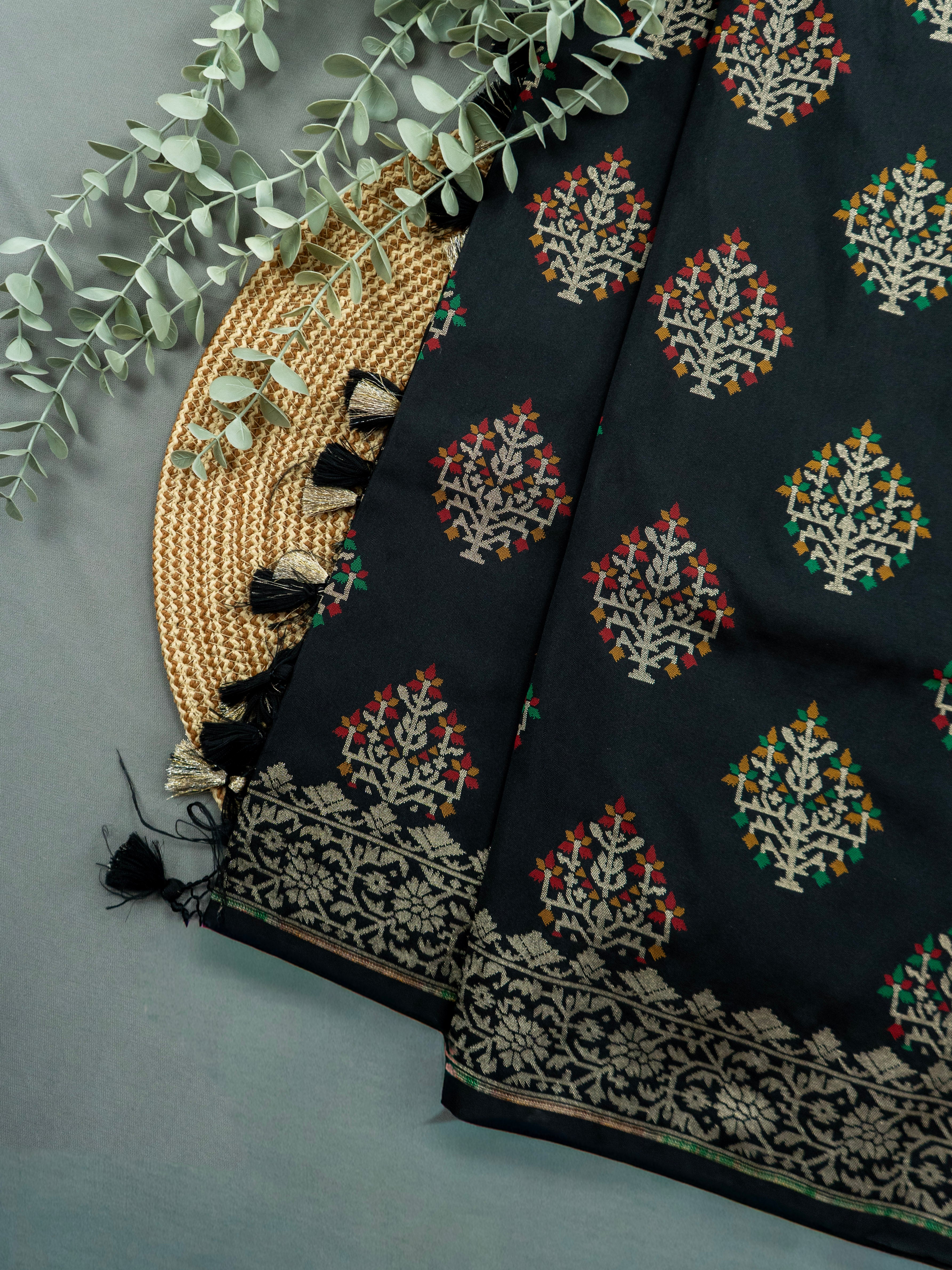 Pure Banarasi Katan Silk Saree in Bold Black with Multicolor Floral Zari & Rich Zari Pallu