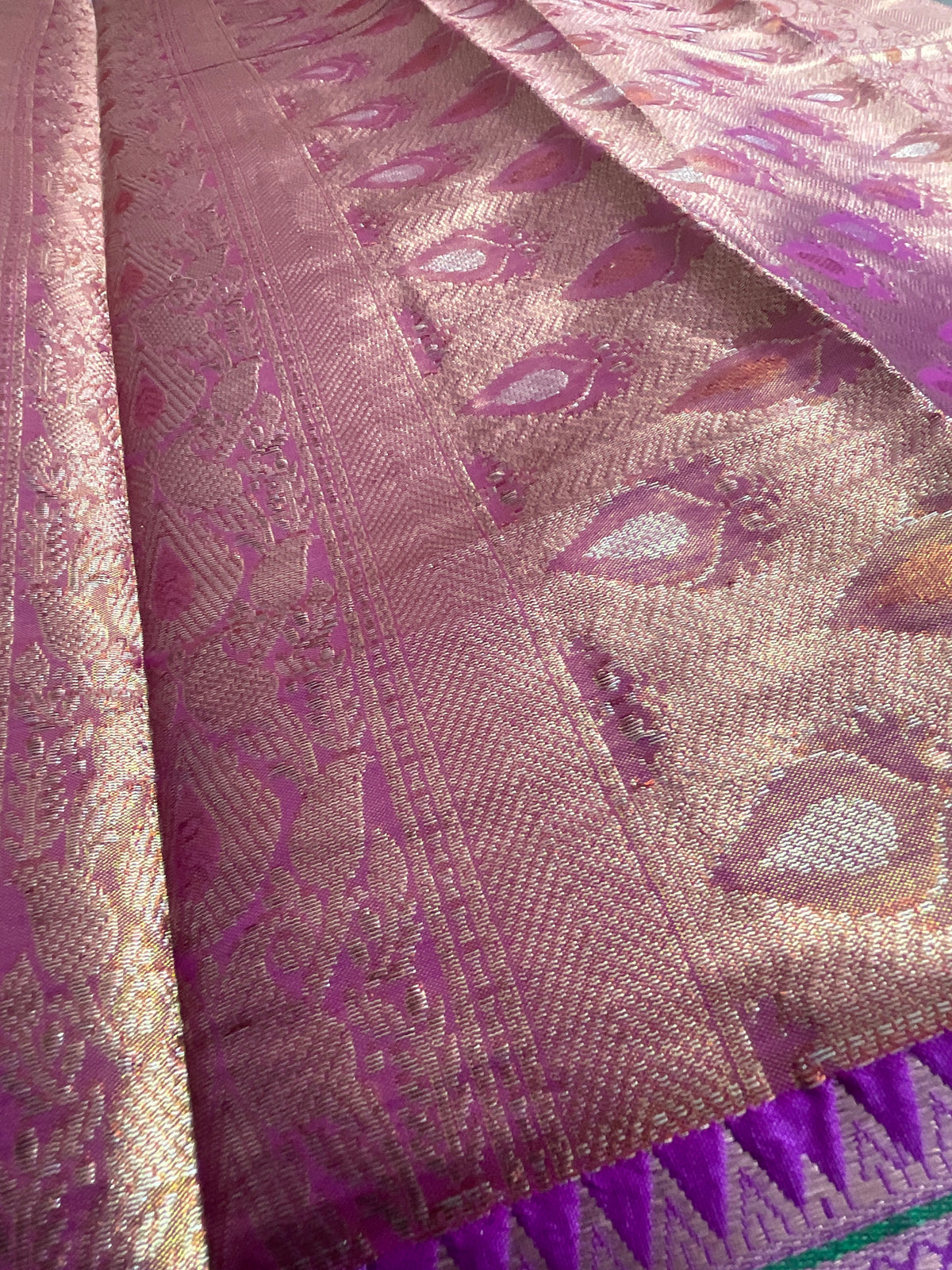 Green Kanchipuram Tissue Silk Saree – Contrast Big Border, Pallu & Blouse