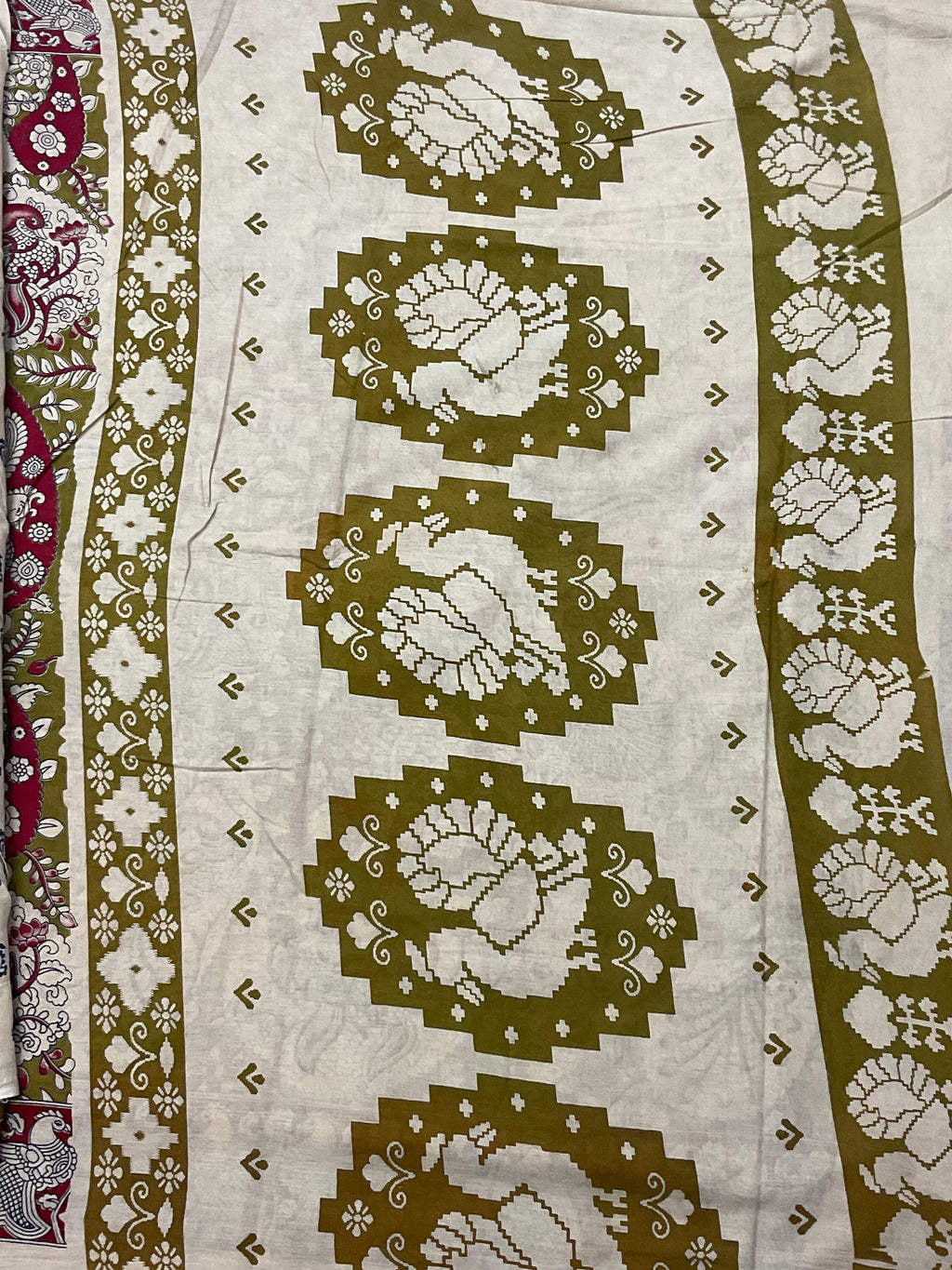 Kalamkari Hand Block Print Mul Cotton Saree – Lime Green | With Blouse Piece