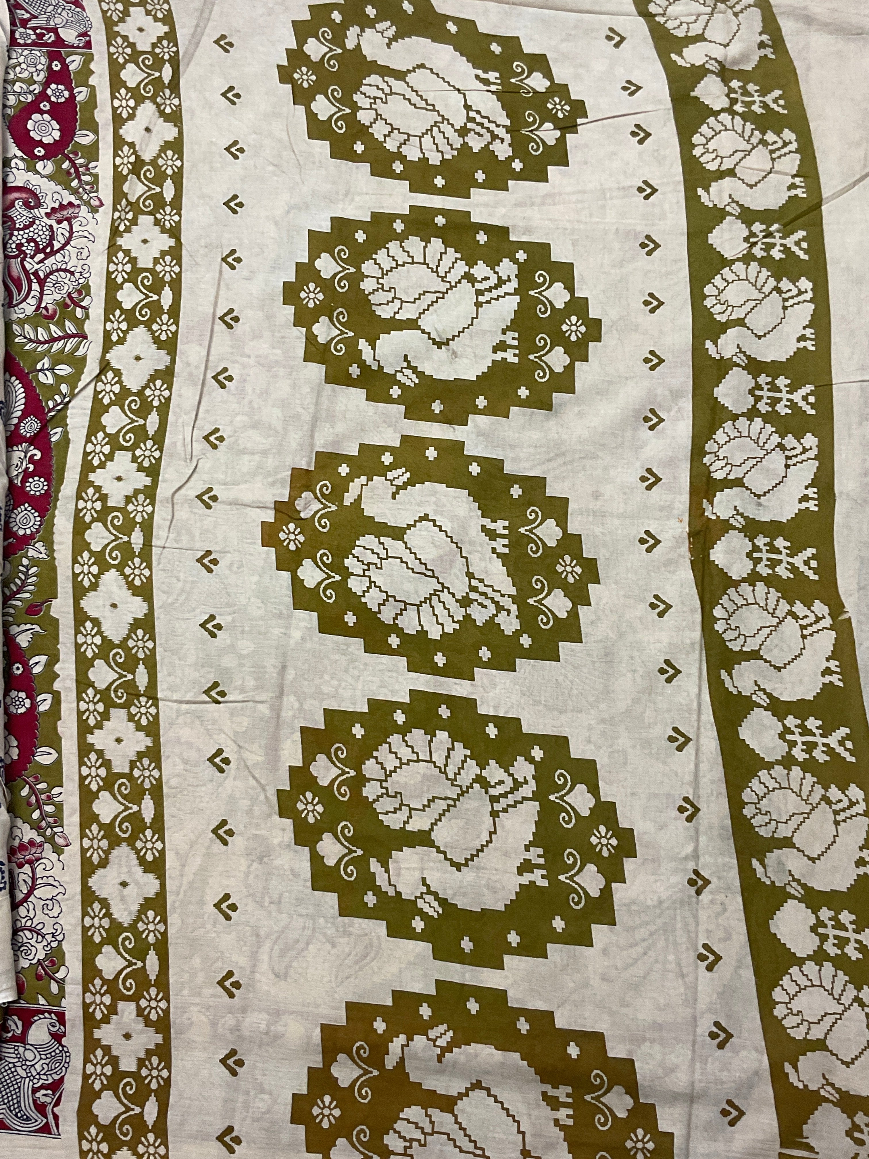 Kalamkari Hand Block Print Mul Cotton Saree – Lime Green | With Blouse Piece