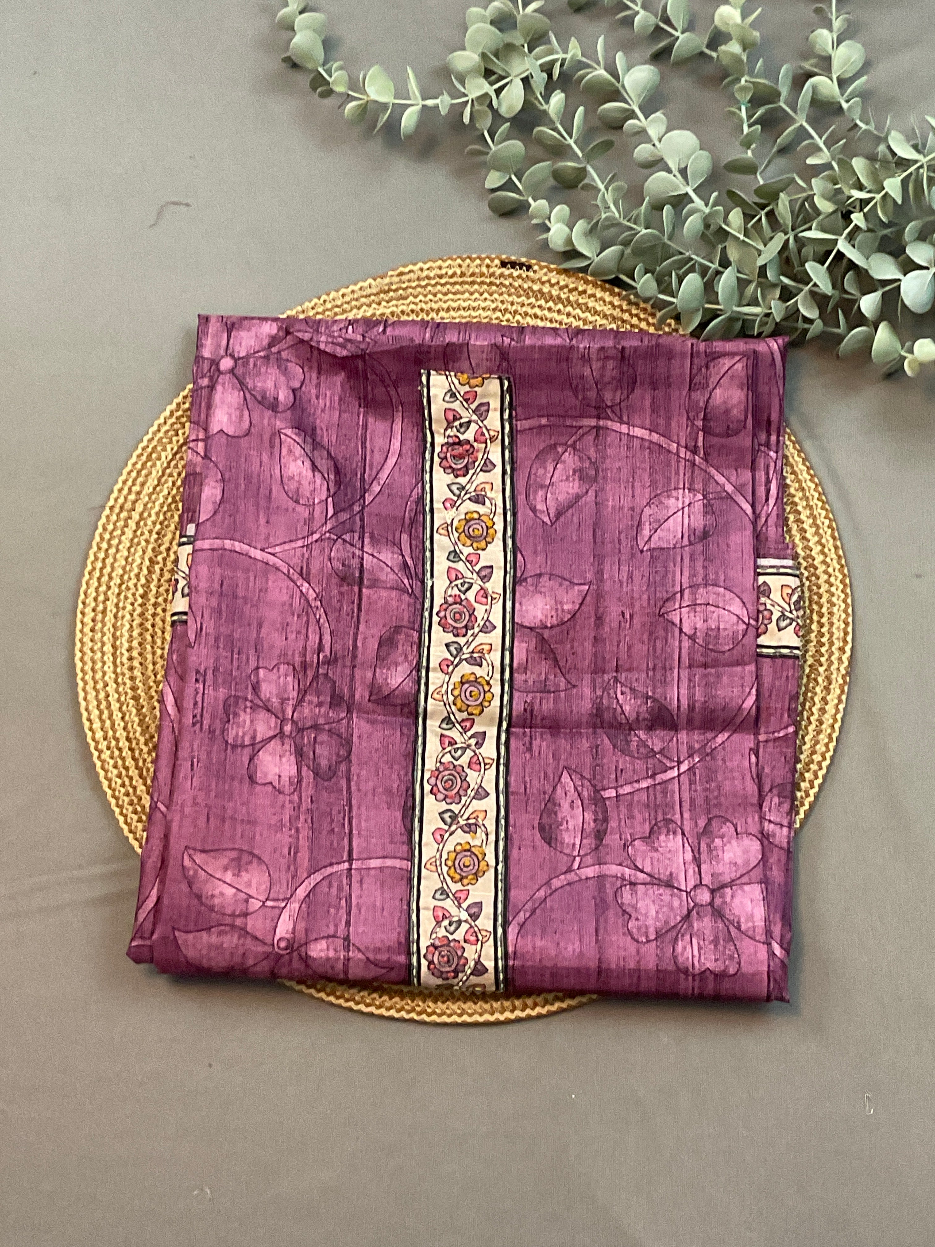 Purple Handloom Silk Dress Material with Kalamkari Dupatta & Kantha Work – Unstitched 3-Piece Suit