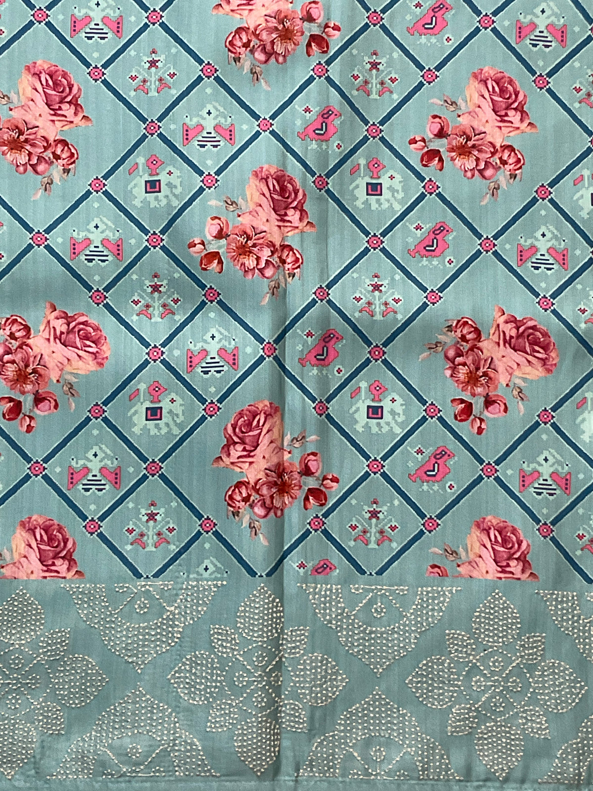 Sky Blue Printed Silk Saree with Ikat and Floral Motifs