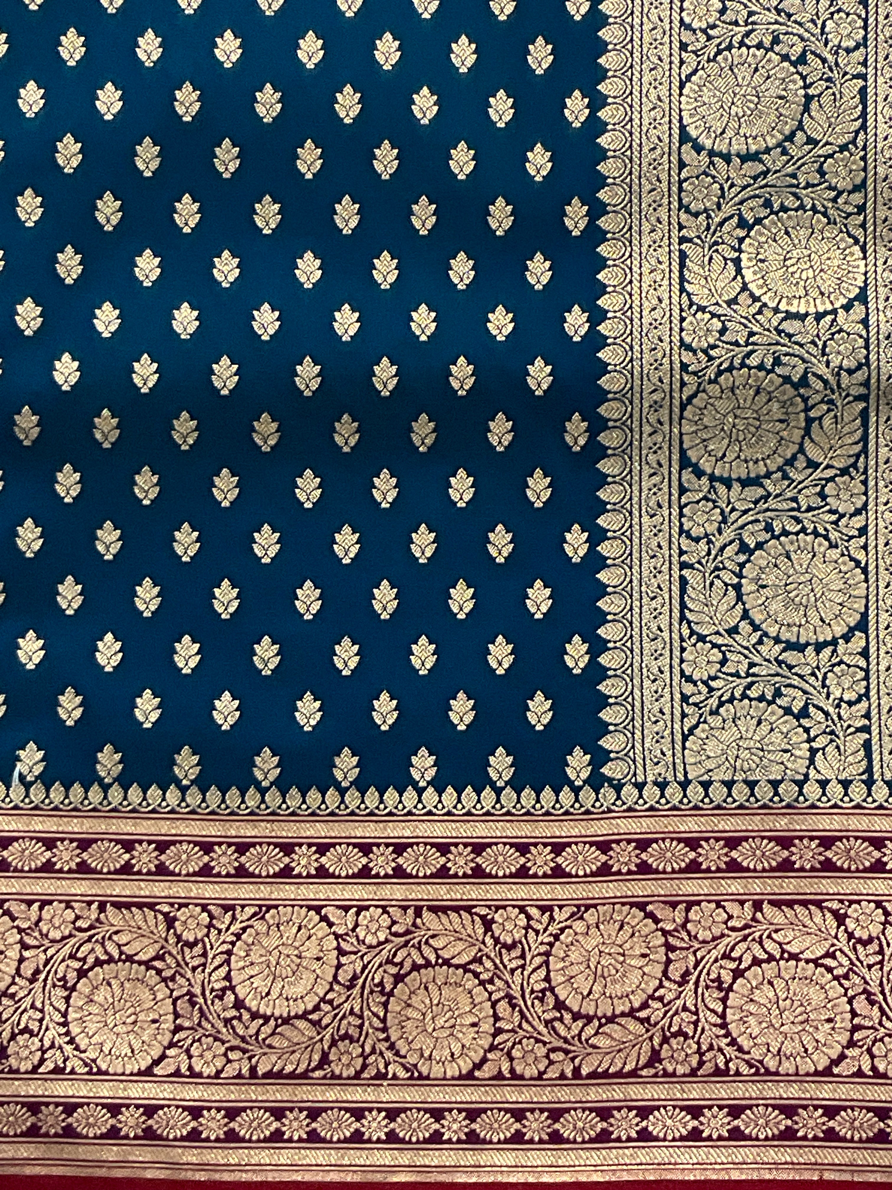 Handloom Banarasi Silk Saree in Blue with Silver Zari Border & Contrast Gold Zari Pallu