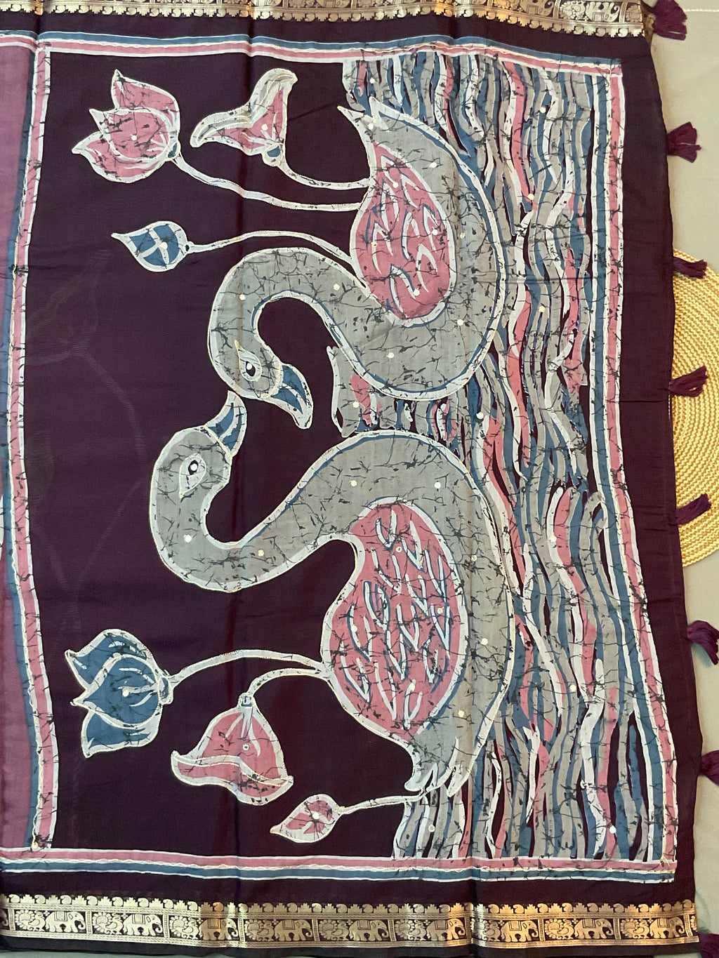 Pink Kalamkari Mirror Work Soft Silk Saree with Swan Print & Contrast Pallu
