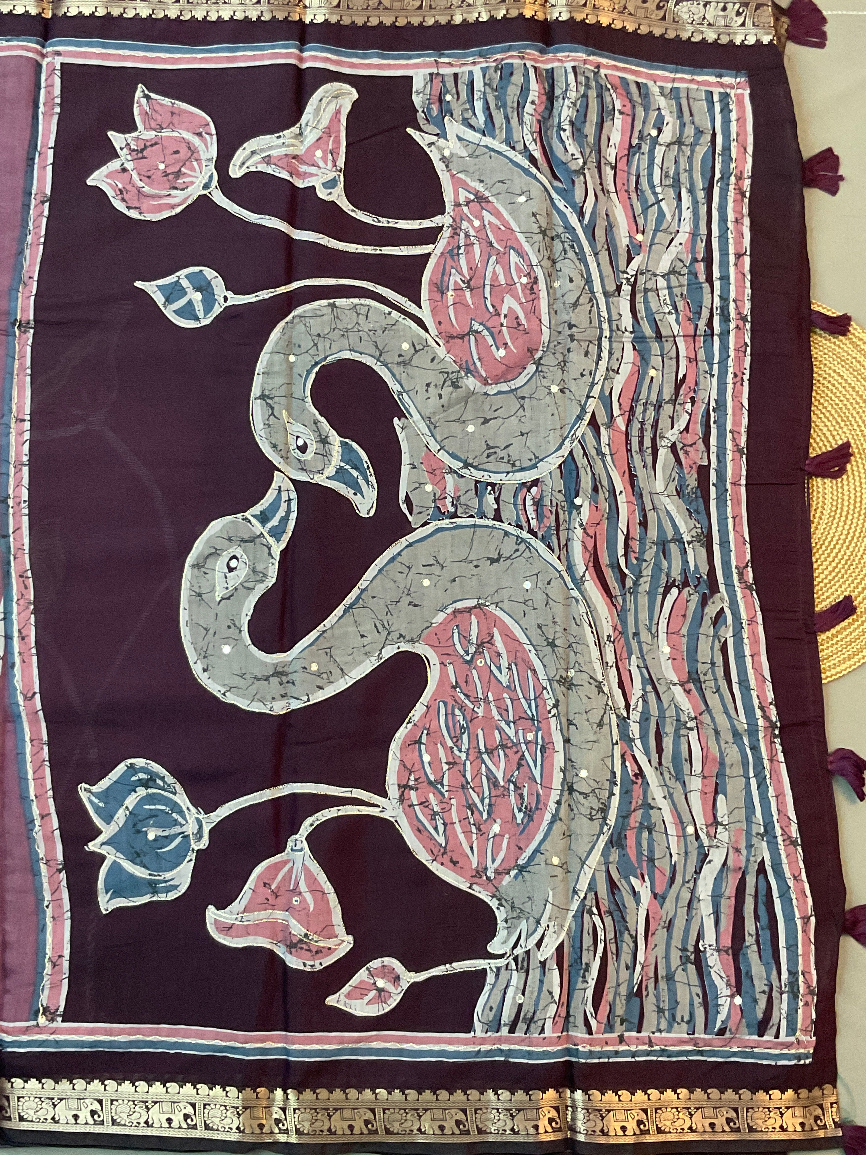 Pink Kalamkari Mirror Work Soft Silk Saree with Swan Print & Contrast Pallu