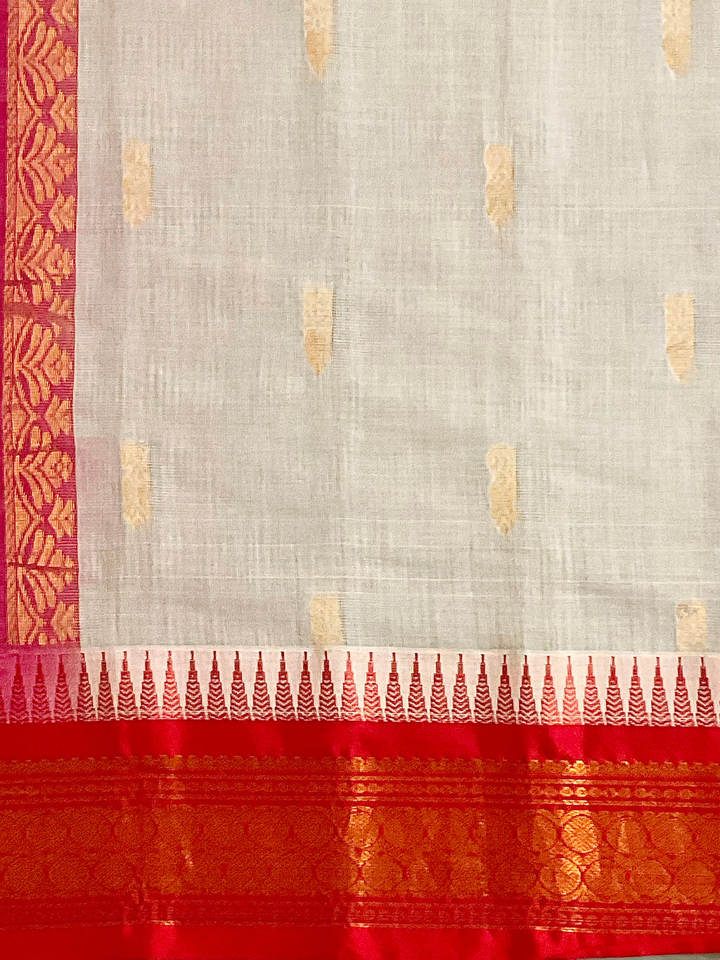 White sico body with zari buttis, handloom Gadwal silk saree