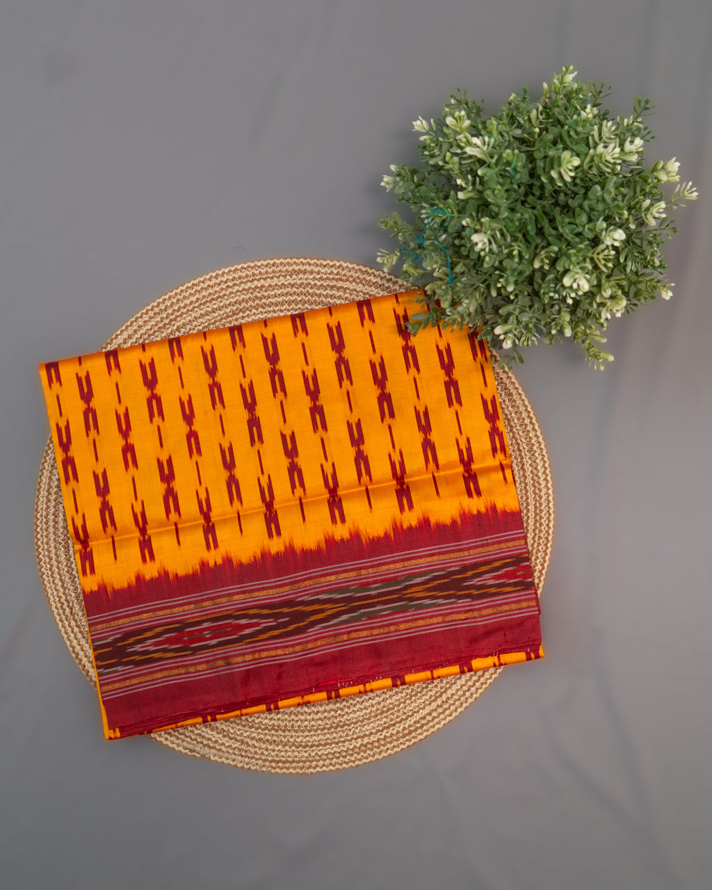 Mustard Pochampally Single Ikat Silk Saree — Red Patola Border & Pallu