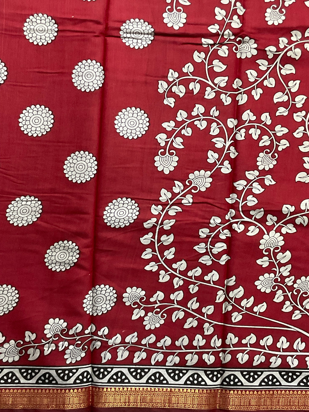 Kalamkari Printed Soft Silk Saree in Red with Designer Pallu and Gold Border