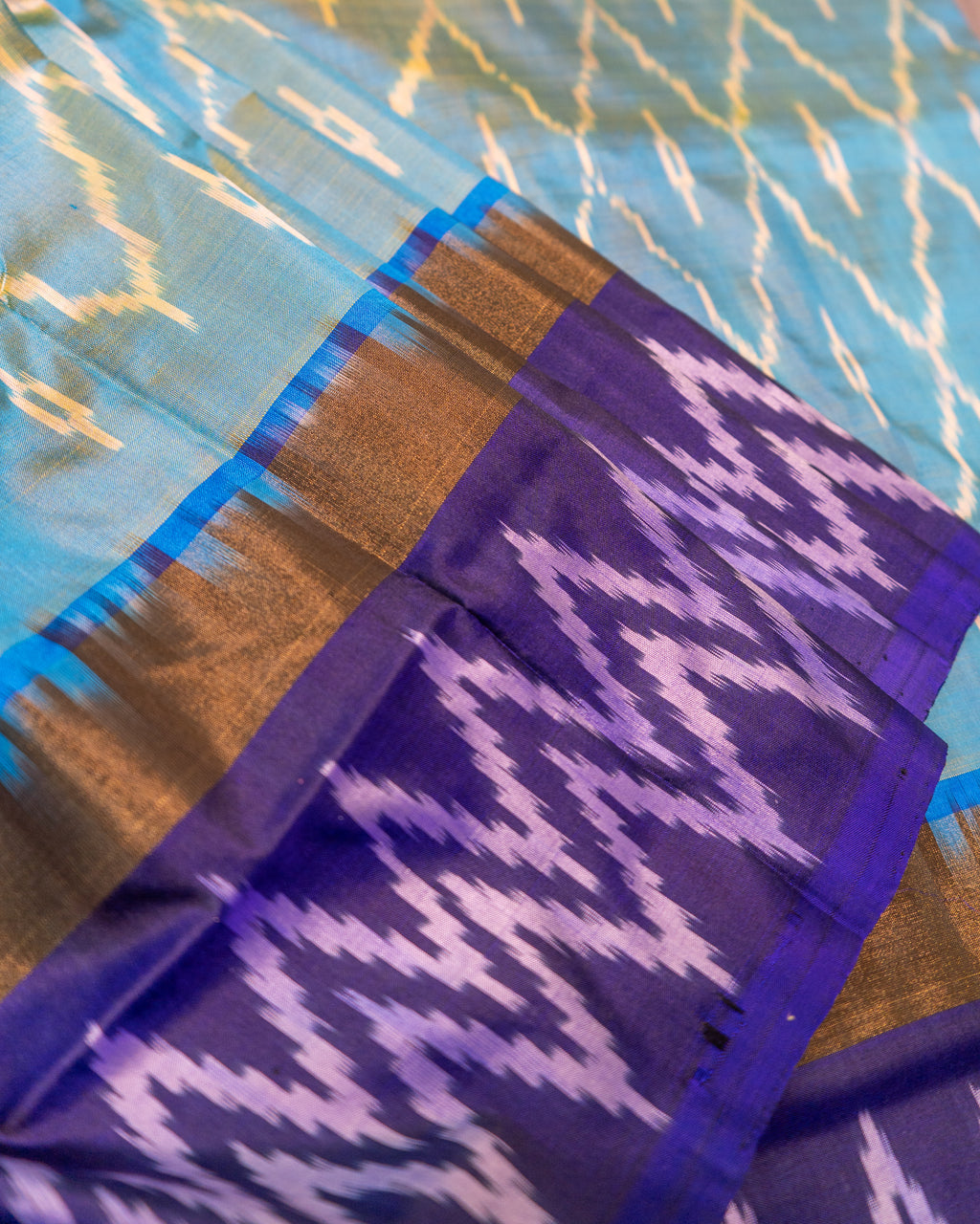 Sky Blue Pochampally Double Ikat Pure Silk Saree — Royal Blue Ikat Border & Pallu, Red Zari Blouse