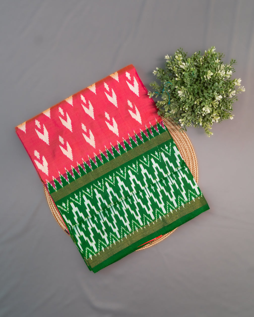 Hot Pink Pochampally Double Ikat Pure Silk Saree — Green Ikat Border & Pallu, Green Zari Blouse