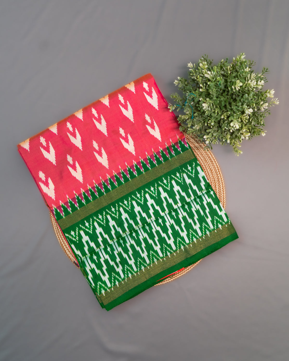 Hot Pink Pochampally Double Ikat Pure Silk Saree — Green Ikat Border & Pallu, Green Zari Blouse