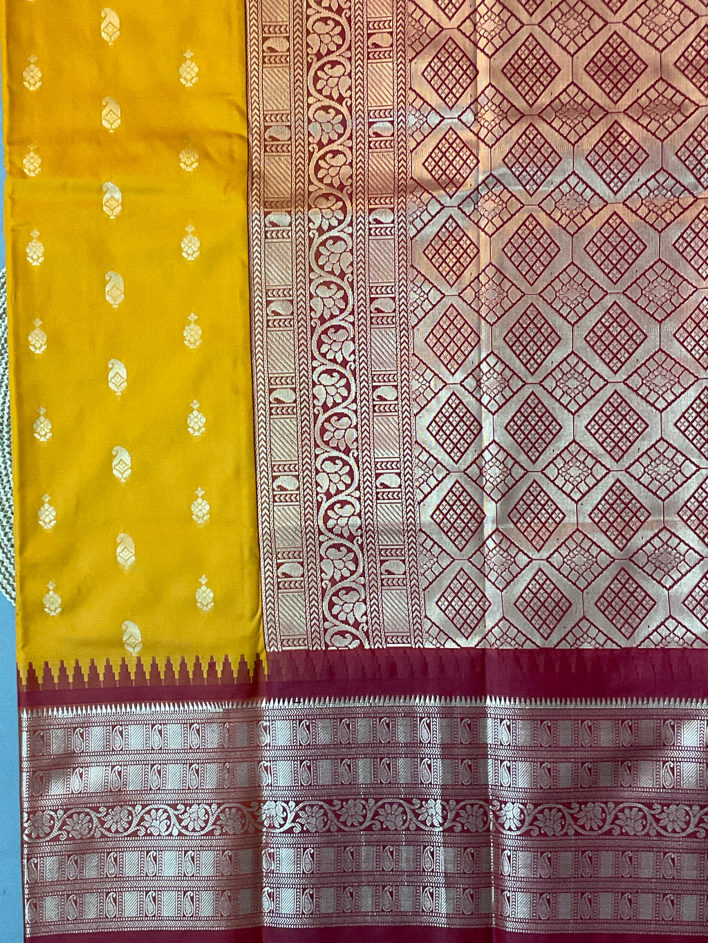 Kanchipuram Pattu Silk Saree in Mustard with Contrast Pallu & Kanchi Border Blouse