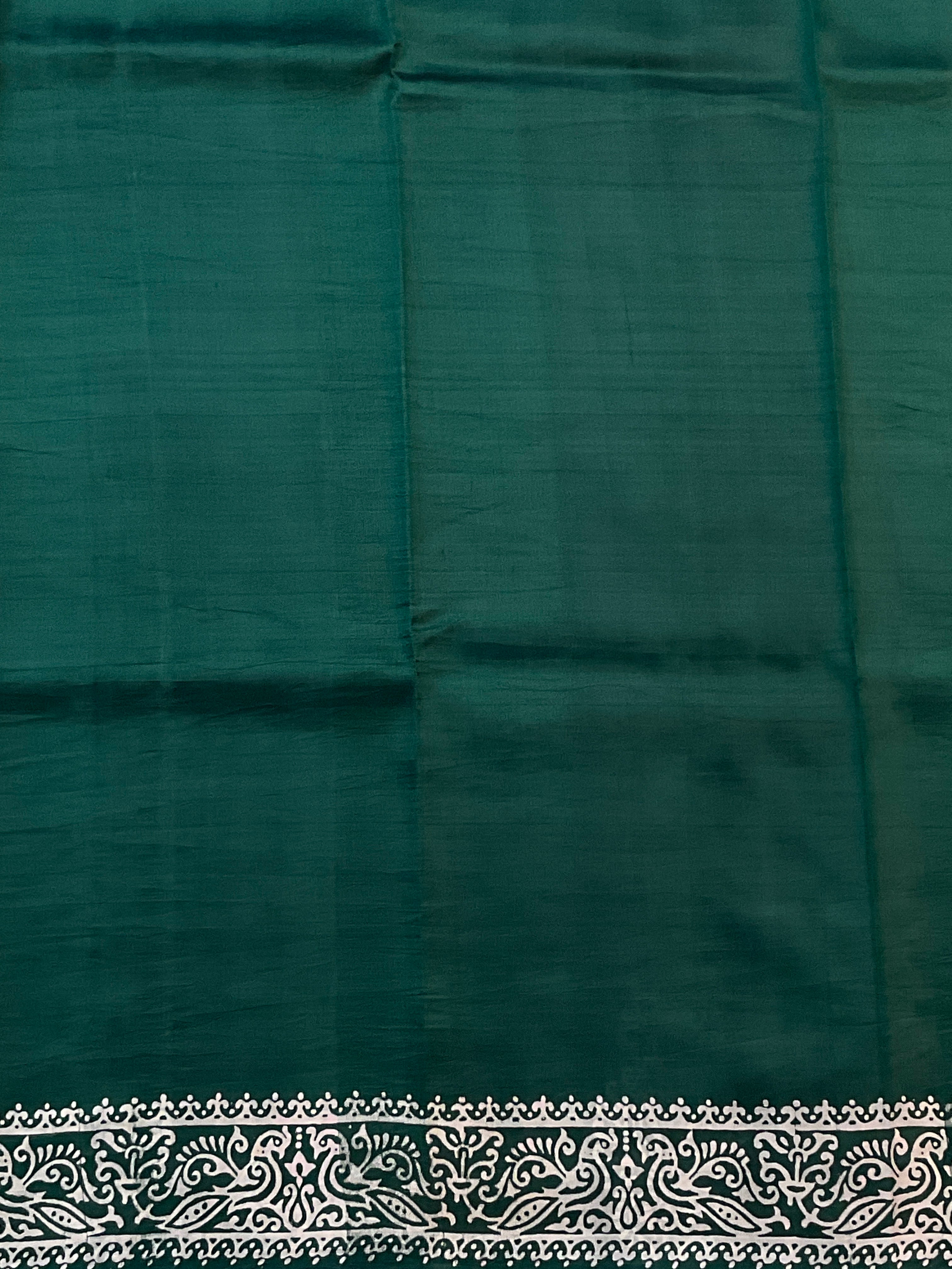 Kalamkari Hand Block Printed Pure Silk Saree in Green with Designer Pallu & Blouse