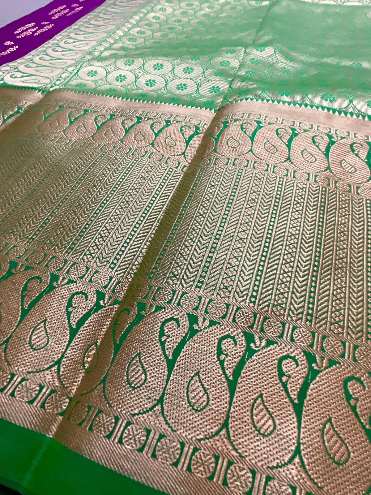 Kanchipuram Pattu Silk Saree in Purple with Contrast Pallu & Kanchi Border Blouse