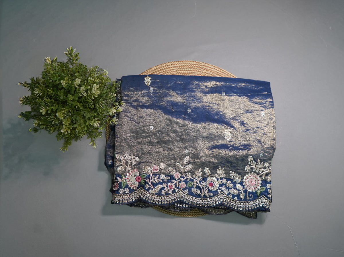 Royal Blue Pure Tissue Silk Saree – Heavy Floral Embroidery Designer Saree