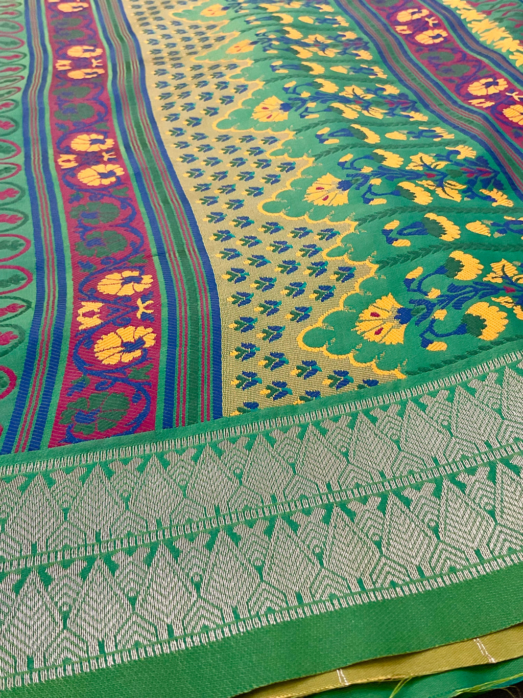 Vibrant Green Jamdani Silk Saree with Temple Border and Dark Green Pallu
