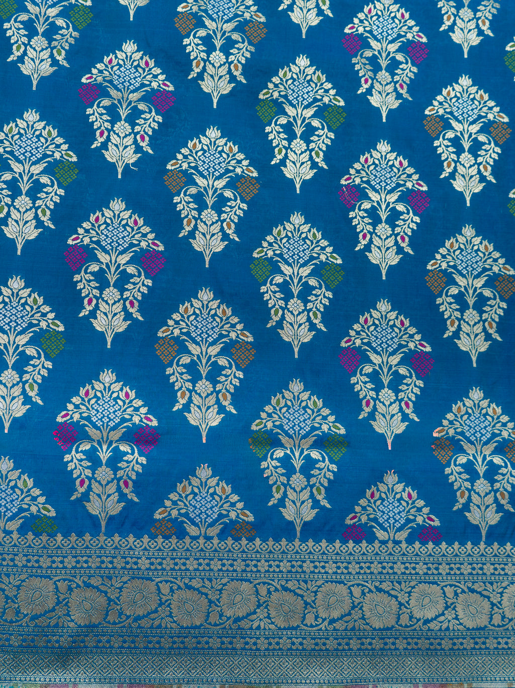 Pure Banarasi Katan Silk Saree in Royal Blue with Multicolor Floral Zari & Rich Zari Pallu