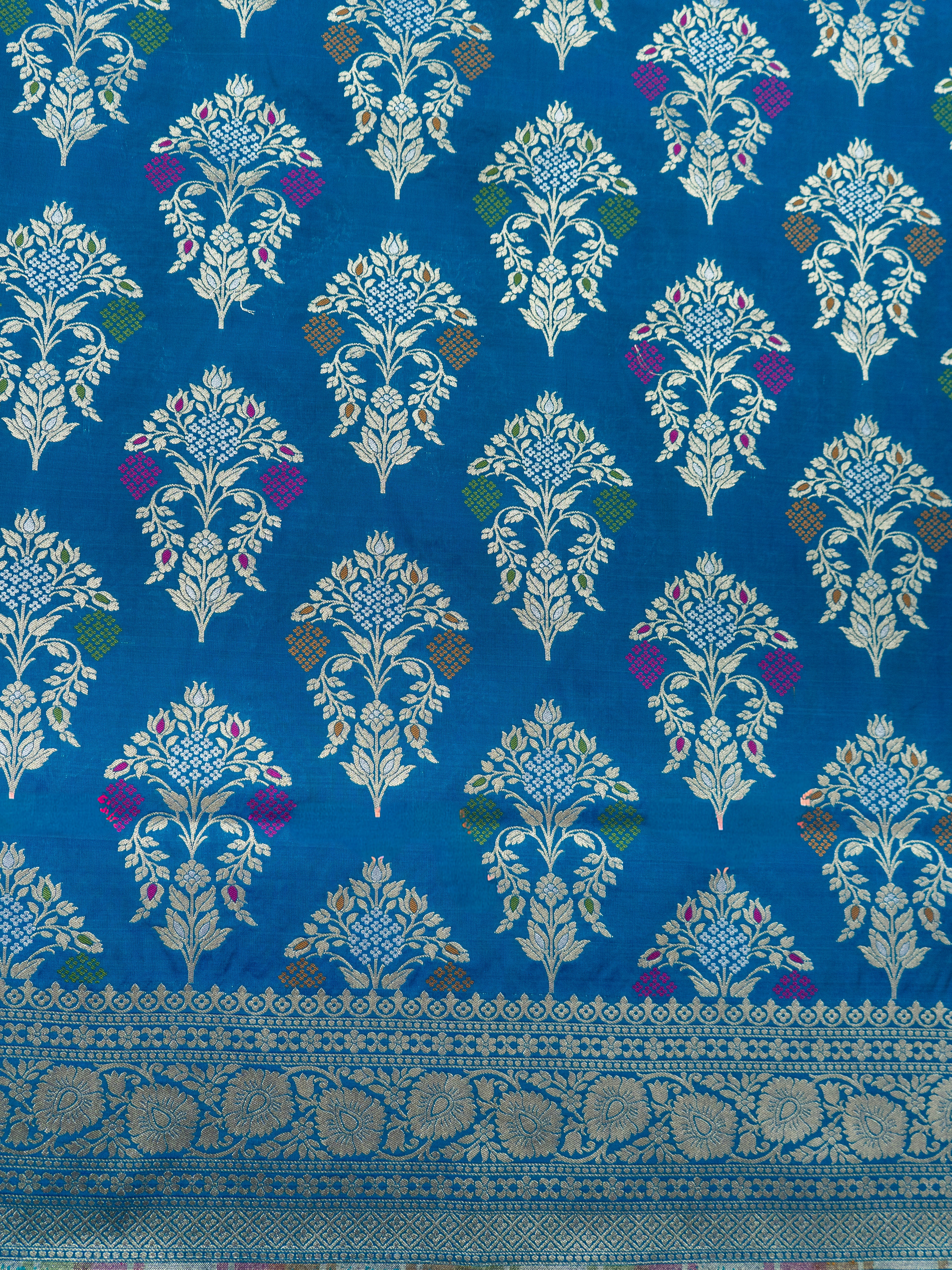 Pure Banarasi Katan Silk Saree in Royal Blue with Multicolor Floral Zari & Rich Zari Pallu
