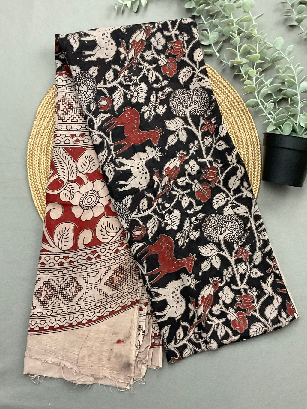 Black Kalamkari printed bottom fabric for red ikkat suit set