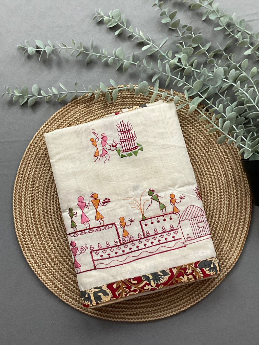 Kalamkari Handwork Cotton Linen Saree in Maroon with Attached Kalamkari Border, Running Pallu & Designer Blouse