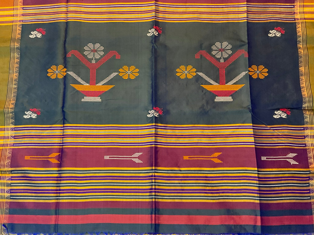 Handwoven Pure Silk Saree in Blue with Rich Weave Pallu, Contrast Border & Blouse