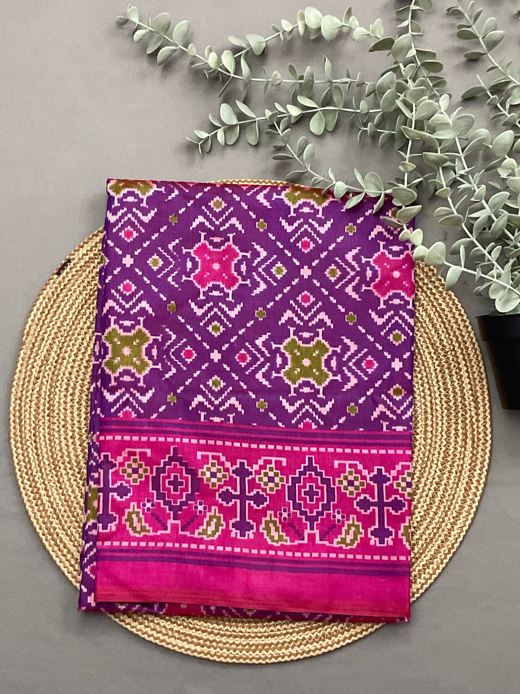 Purple patola print soft silk top fabric close up