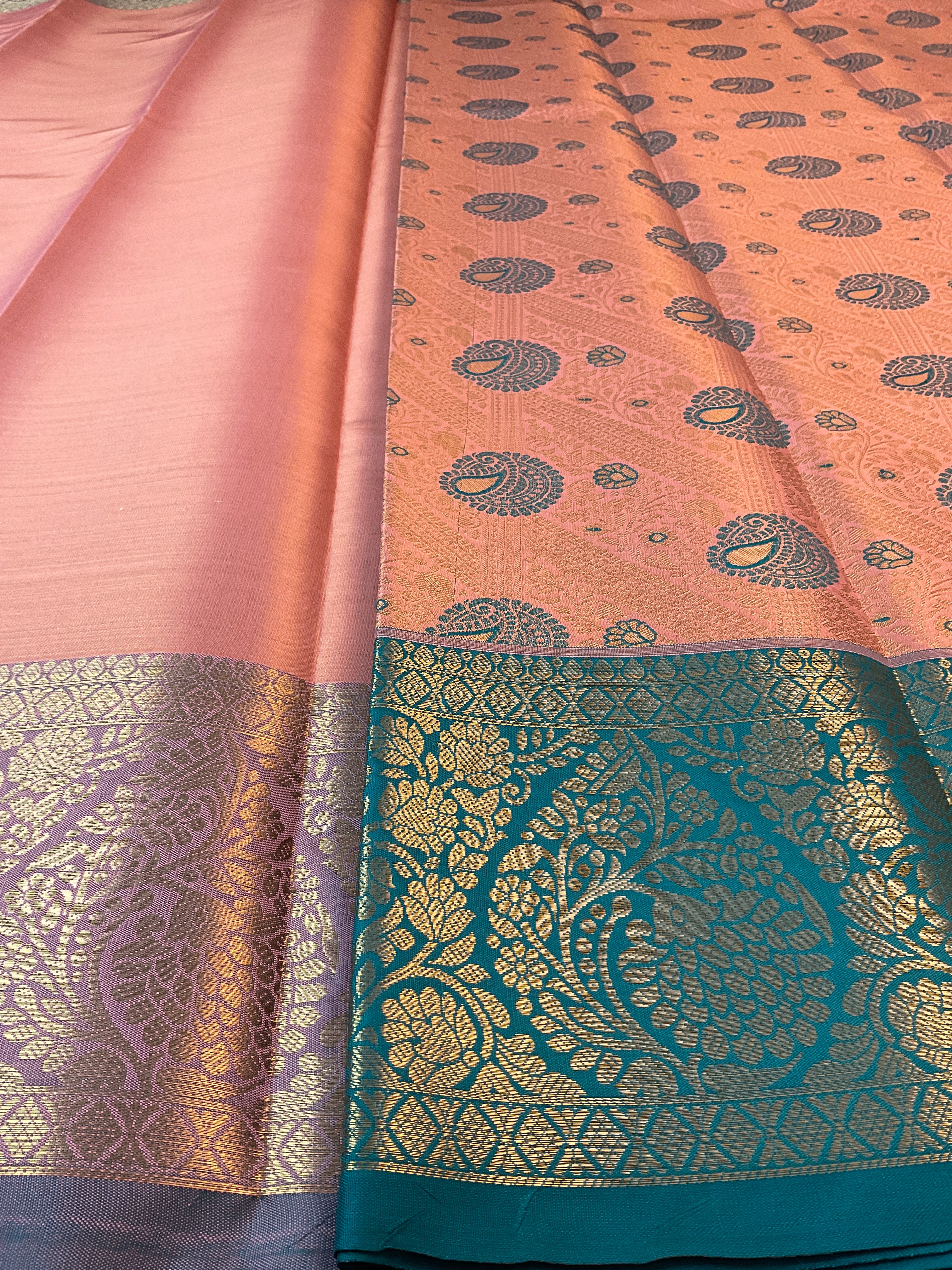 Orange Kanchipattu Silk Saree with Contrast Green Border & Pallu