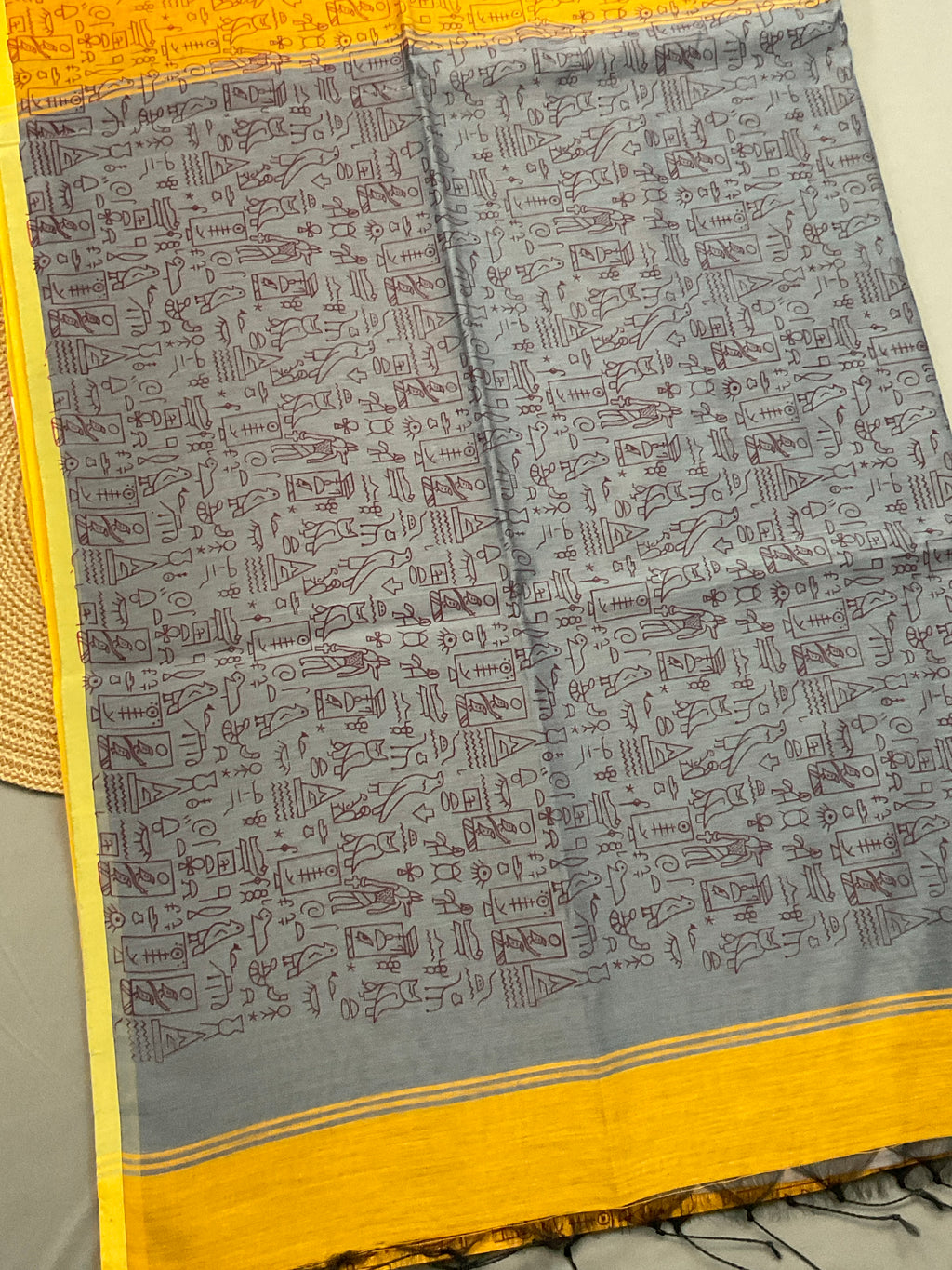 Handloom cotton silk saree in Kalamkari Vareli printing all over with blouse — mustard saree with grey pallu