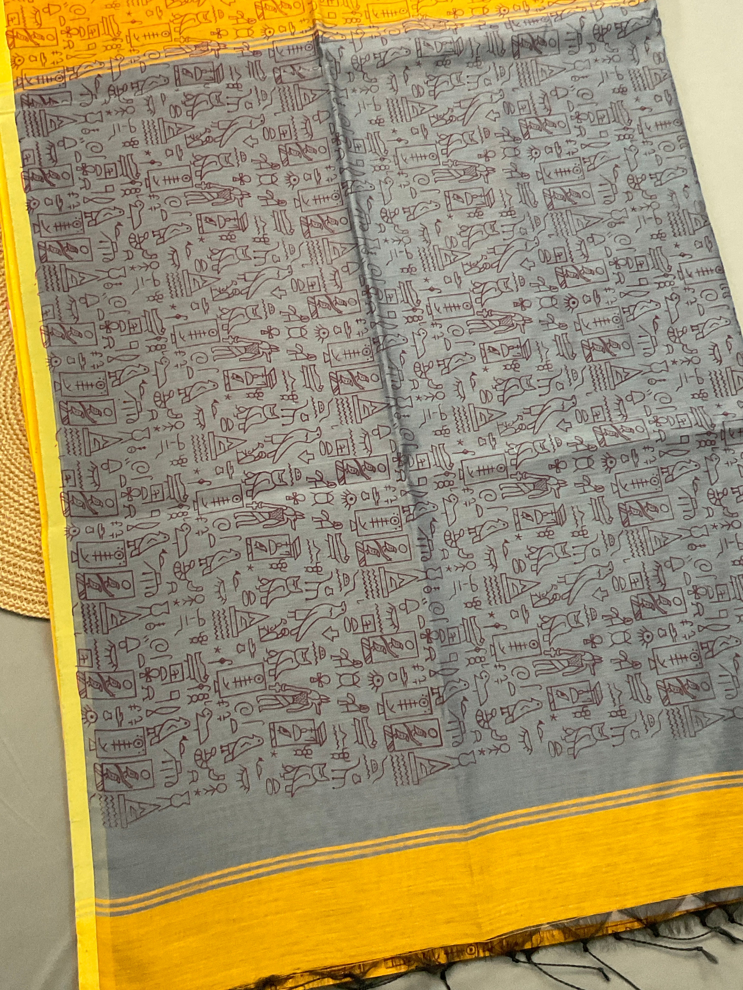Handloom cotton silk saree in Kalamkari Vareli printing all over with blouse — mustard saree with grey pallu