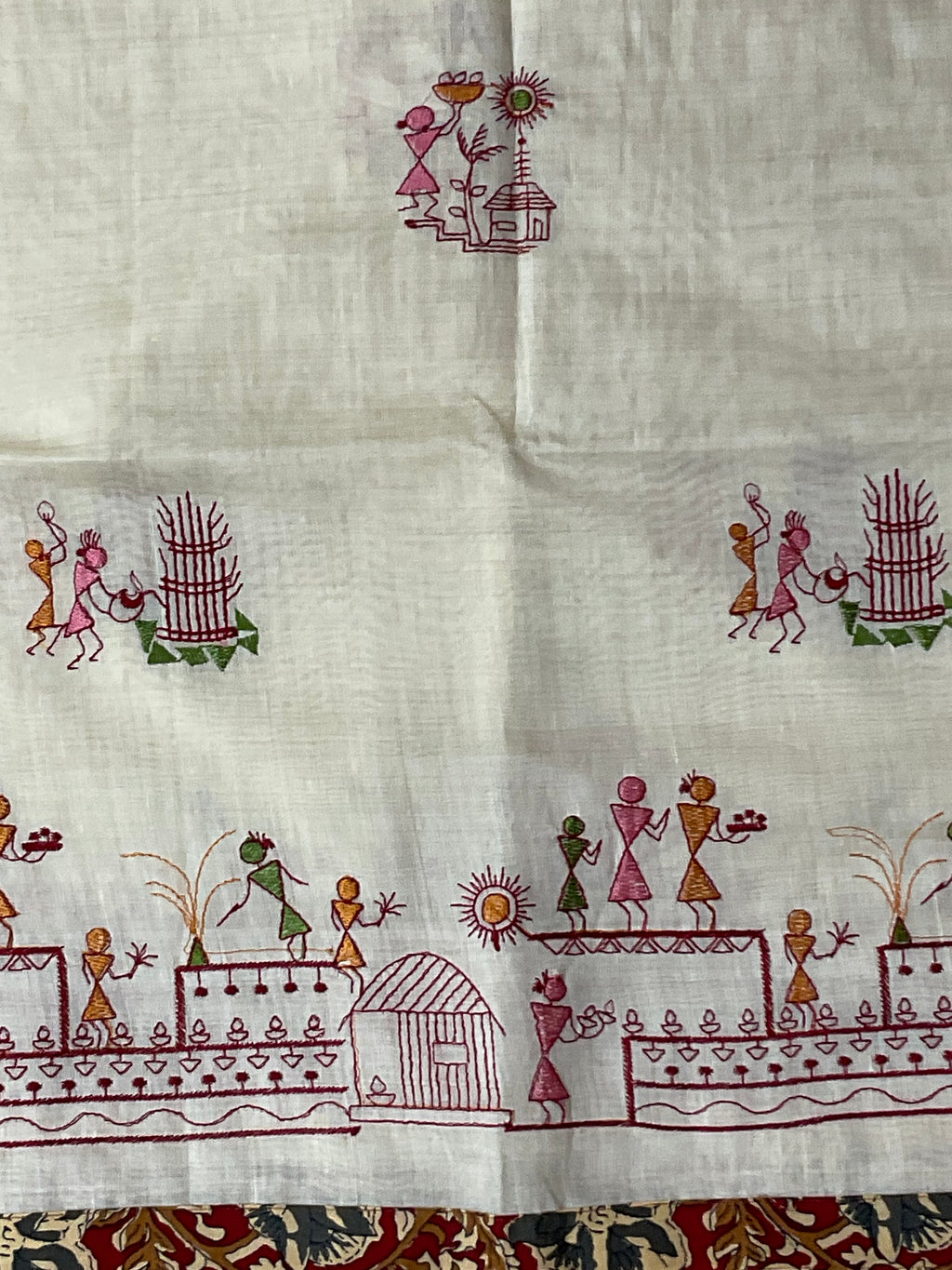 Kalamkari Handwork Cotton Linen Saree in Maroon with Attached Kalamkari Border, Running Pallu & Designer Blouse