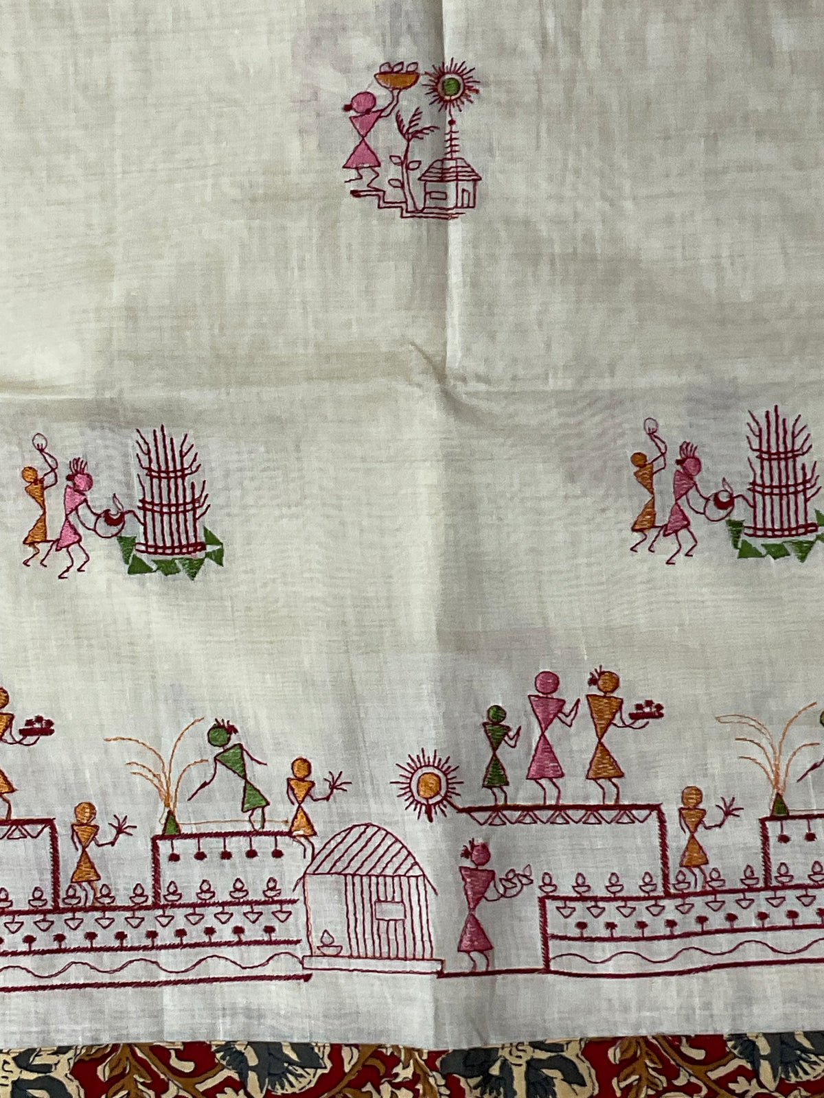 Kalamkari Handwork Cotton Linen Saree in Maroon with Attached Kalamkari Border, Running Pallu & Designer Blouse