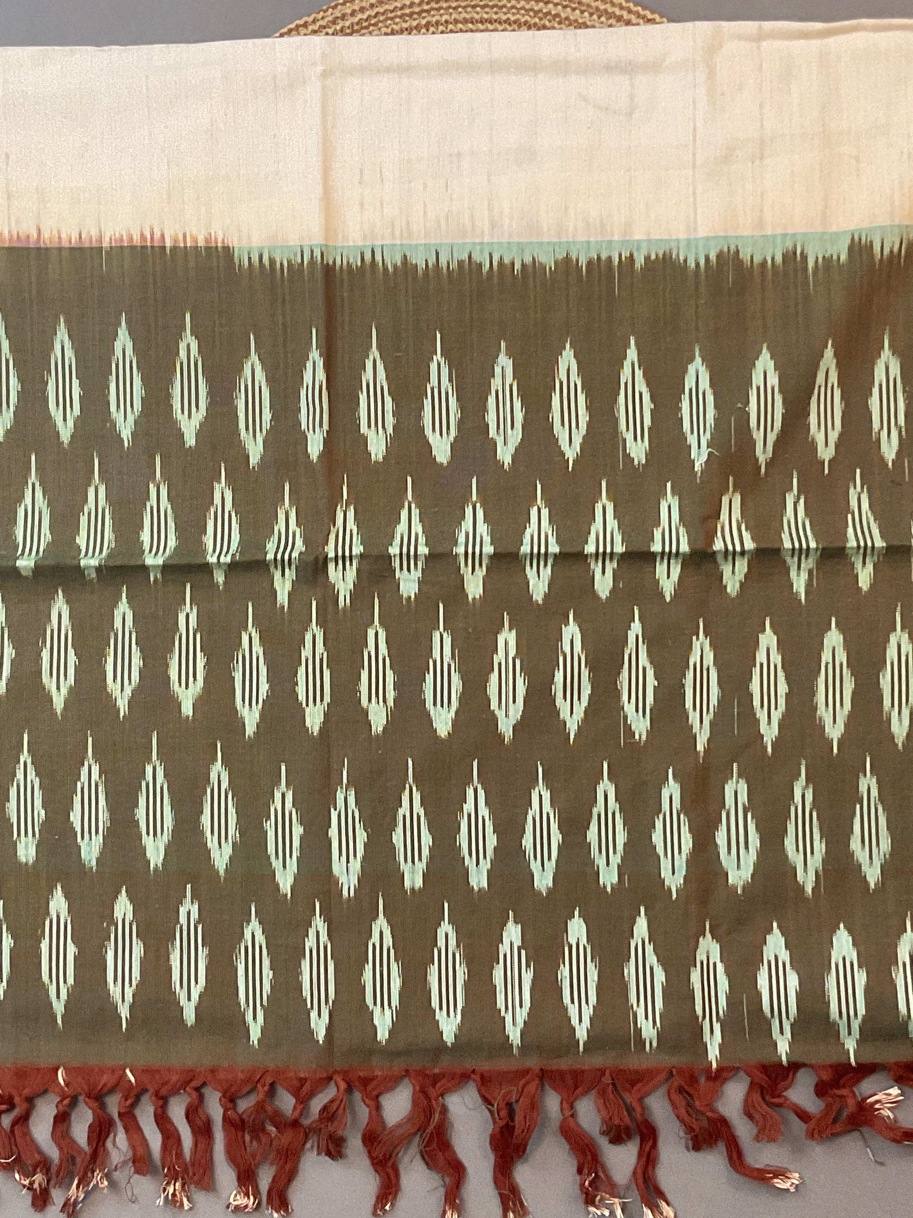 Green & White Pochampally Ikat Cotton Unstitched Dress Material – 3-Piece Suit