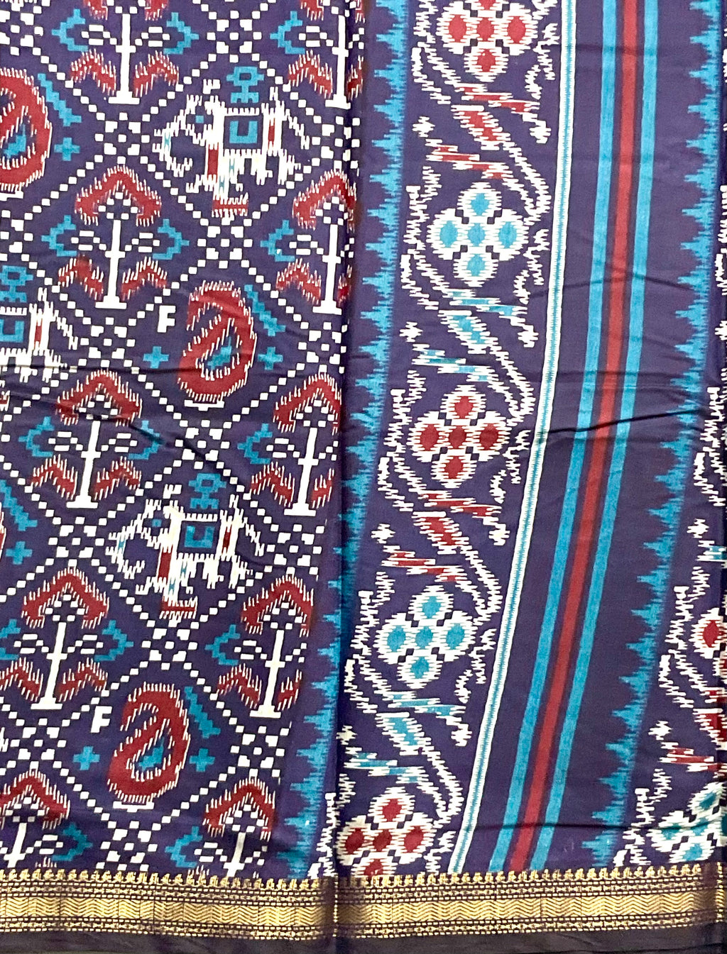 Patola Printed Soft Silk Saree in Deep Blue with Designer Patola Pallu and Gold Zari