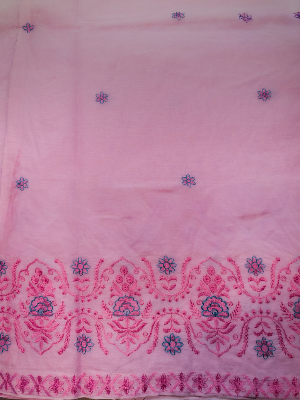 Pink Hand-Embroidered Mul Cotton Saree