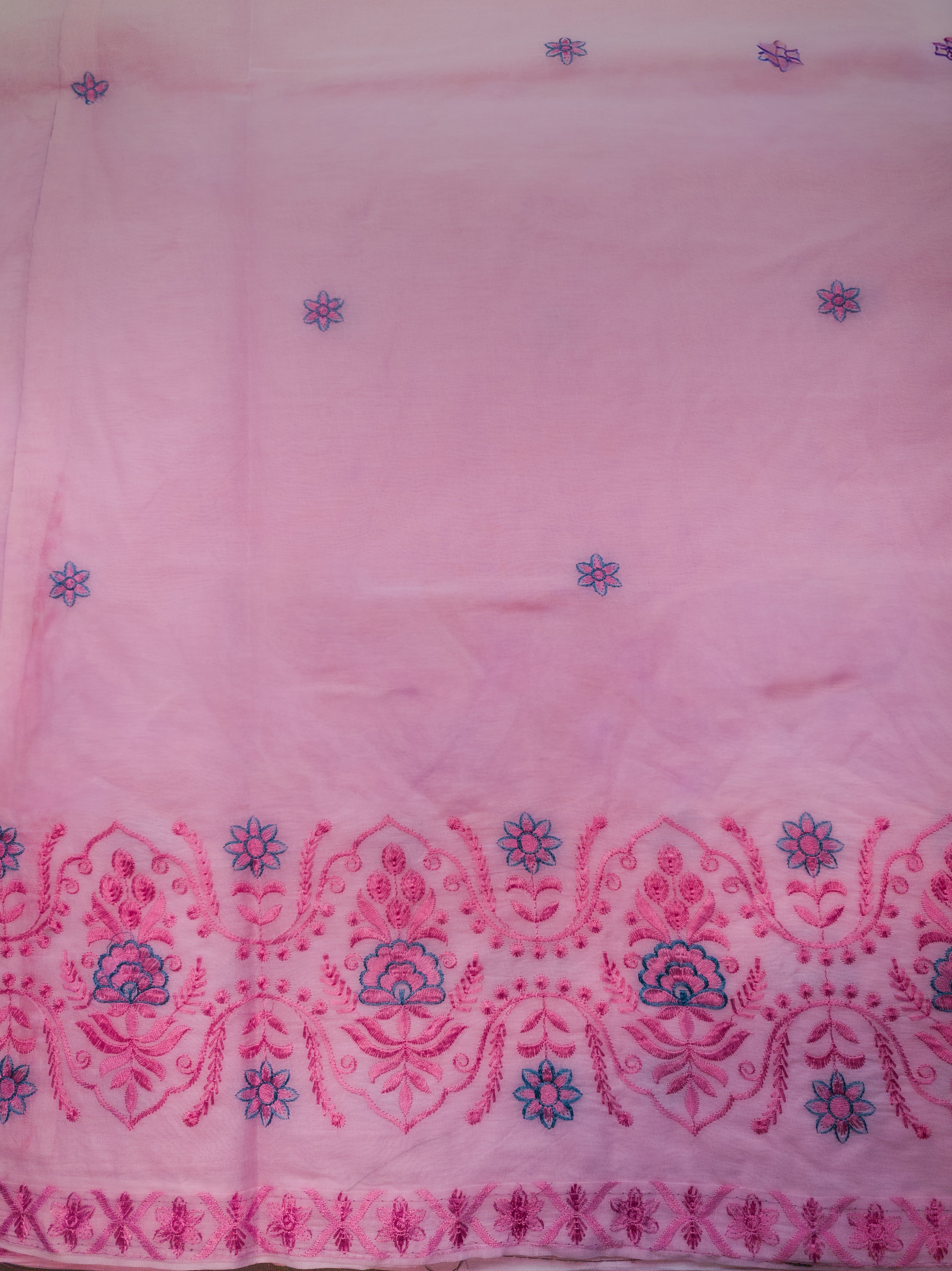 Pink Hand-Embroidered Mul Cotton Saree