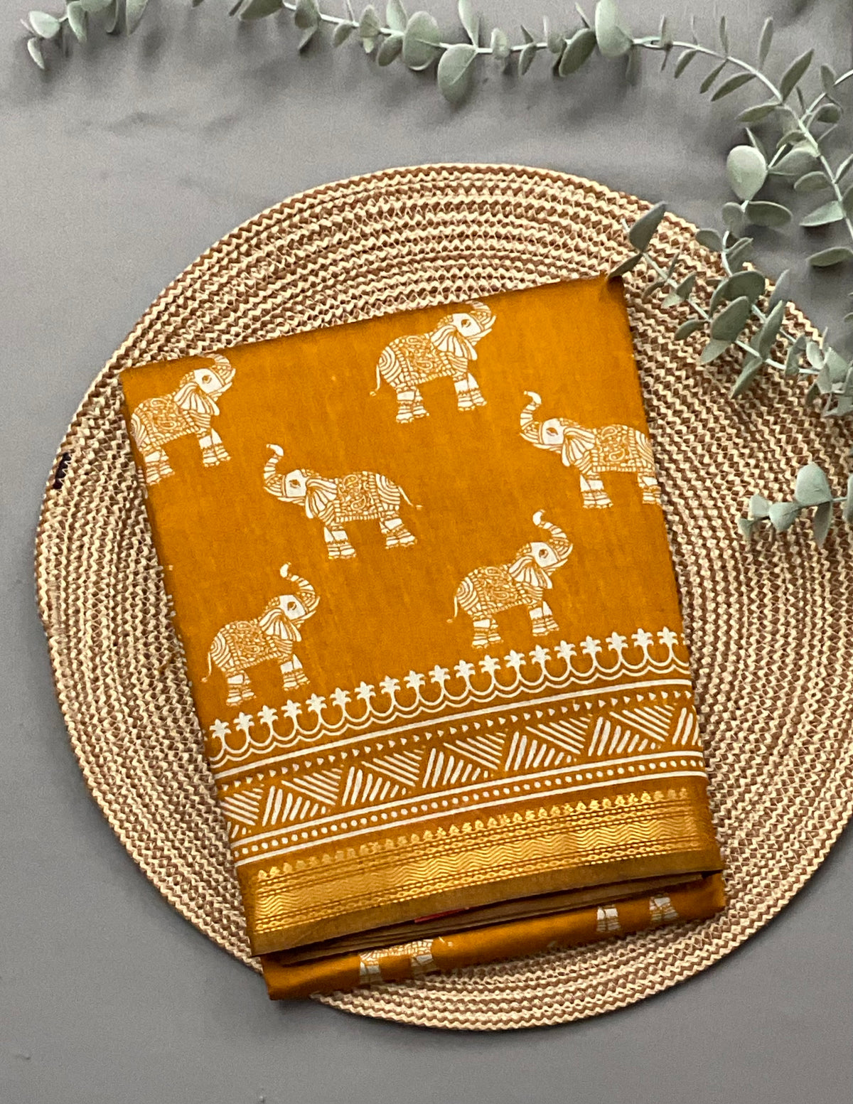 Rajwada Style Handprinted Elephant Soft Silk Saree in Mustard with Designer Pallu