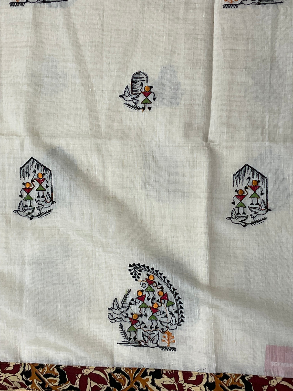 Kalamkari Handwork Cotton Linen Saree in Black with Attached Kalamkari Border, Running Pallu & Designer Blouse