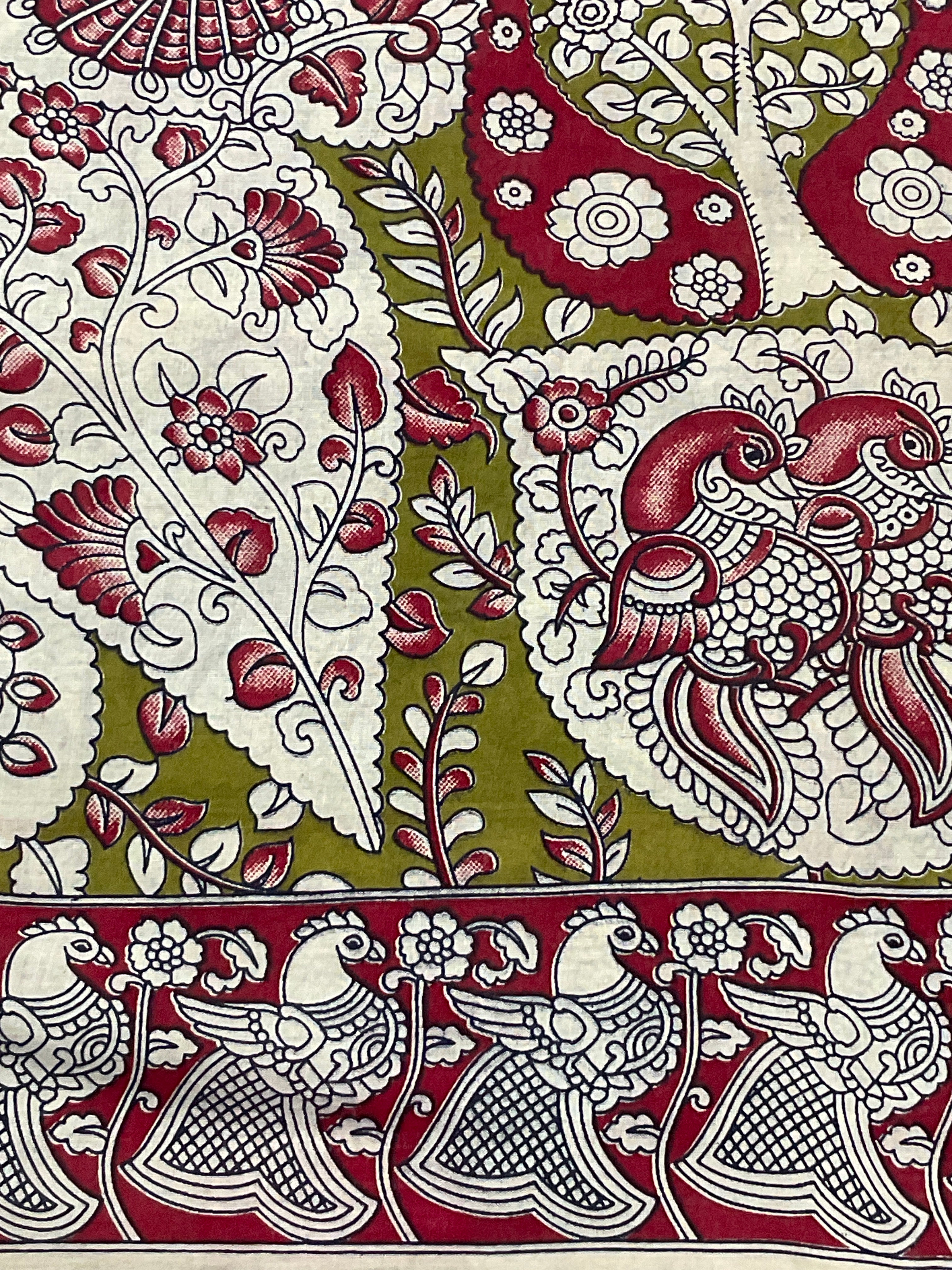 Kalamkari Hand Block Print Mul Cotton Saree – Lime Green | With Blouse Piece