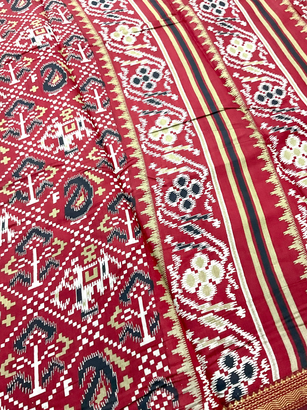Patola Printed Soft Silk Saree in Red with Designer Patola Pallu and Gold Zari