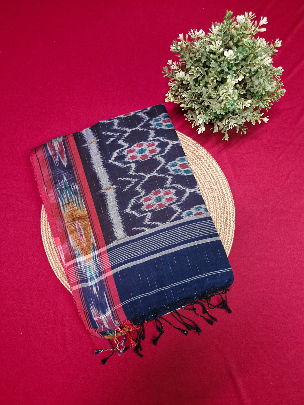 Navy Blue Pochampally Ikat Cotton Saree with Red Border