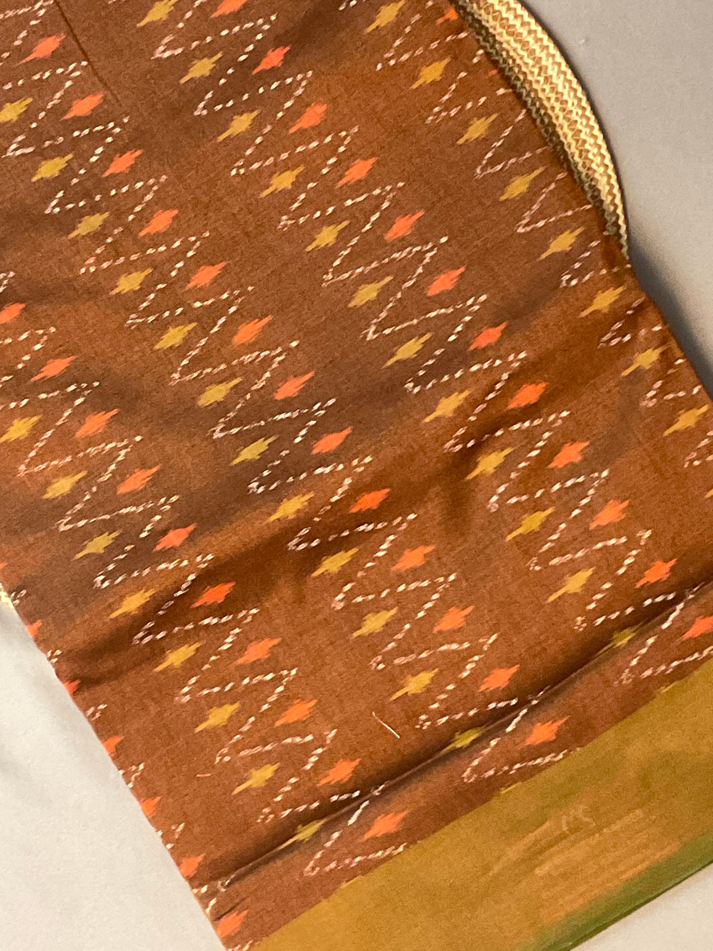Brown Pochampally Ikat Handloom Cotton Saree with Contrast Pallu – Without Blouse